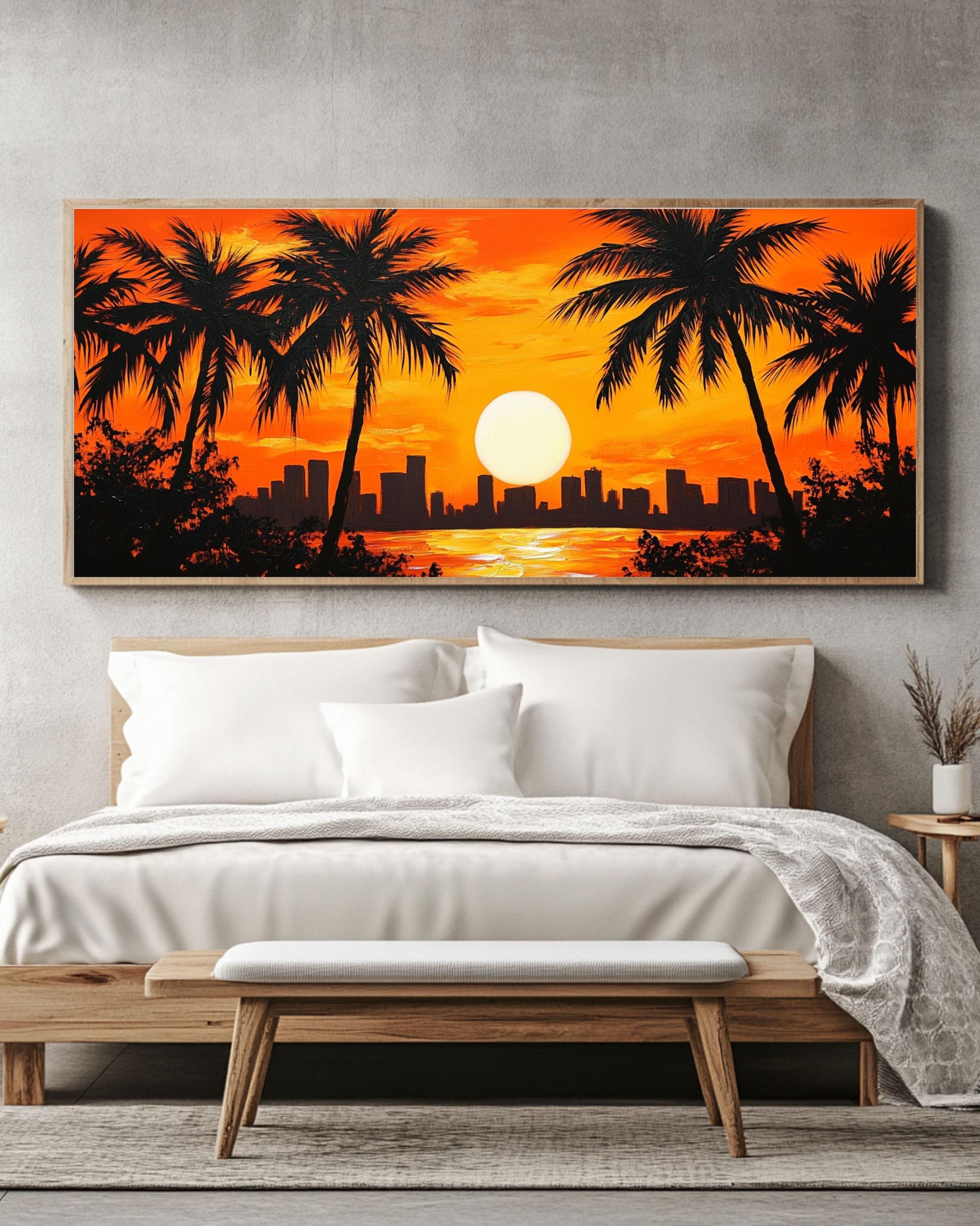 Sunset Palm Tree Canvas Print: Tropical Twilight Cityscape Wall Art Canvas Wall Art Print – Premium Home Decor
