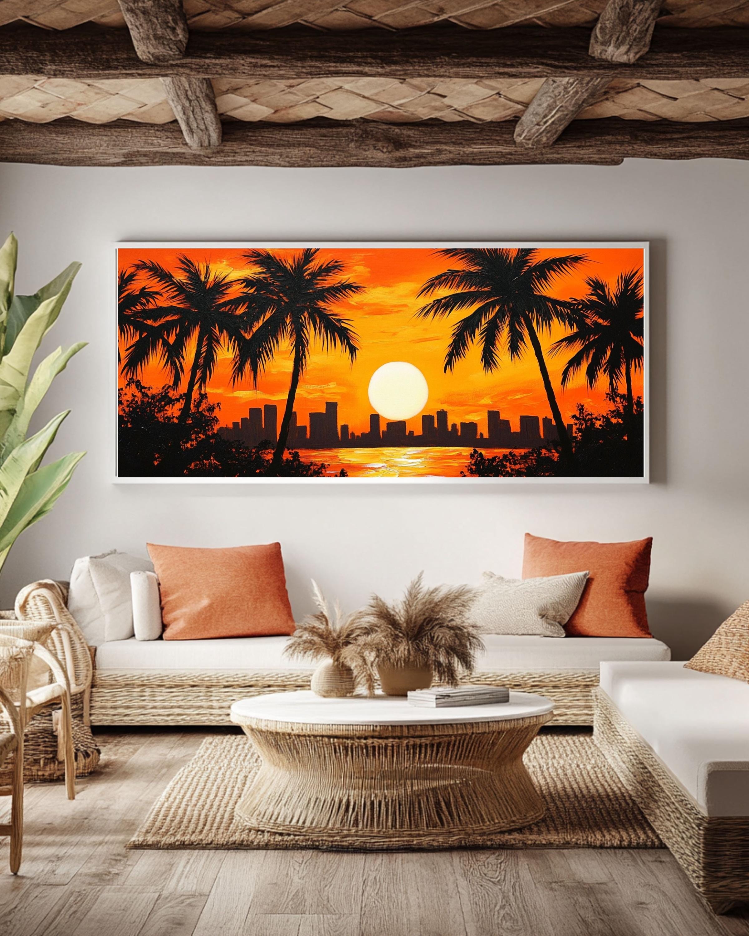 Sunset Palm Tree Canvas Print: Tropical Twilight Cityscape Wall Art Canvas Wall Art Print – Premium Home Decor
