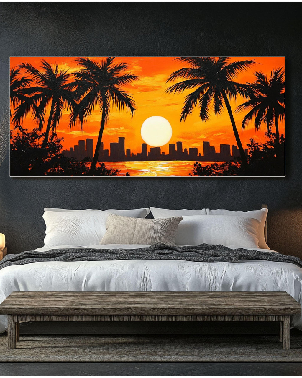 Sunset Palm Tree Canvas Print: Tropical Twilight Cityscape Wall Art Canvas Wall Art Print – Premium Home Decor