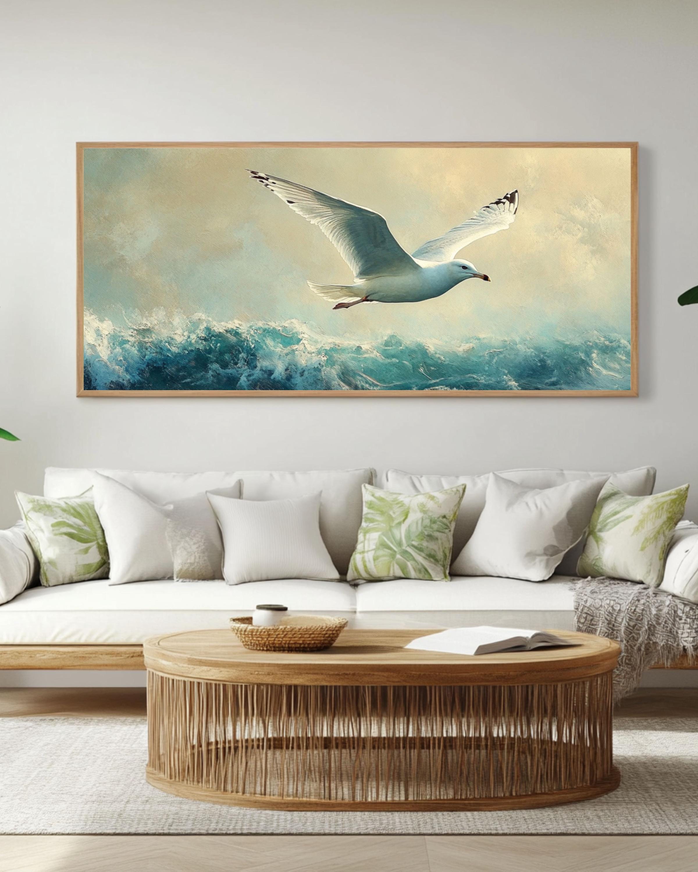 Seagull in Flight Coastal Print: Oil Painting Style Nautical Wall Art Canvas Wall Art Print – Premium Home Decor