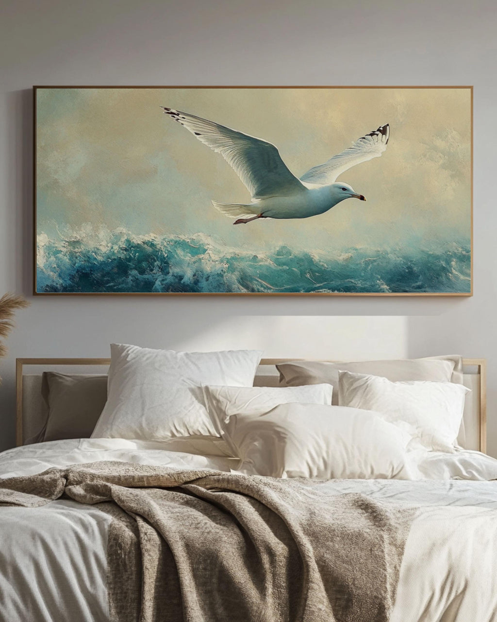 Seagull in Flight Coastal Print: Oil Painting Style Nautical Wall Art Canvas Wall Art Print – Premium Home Decor