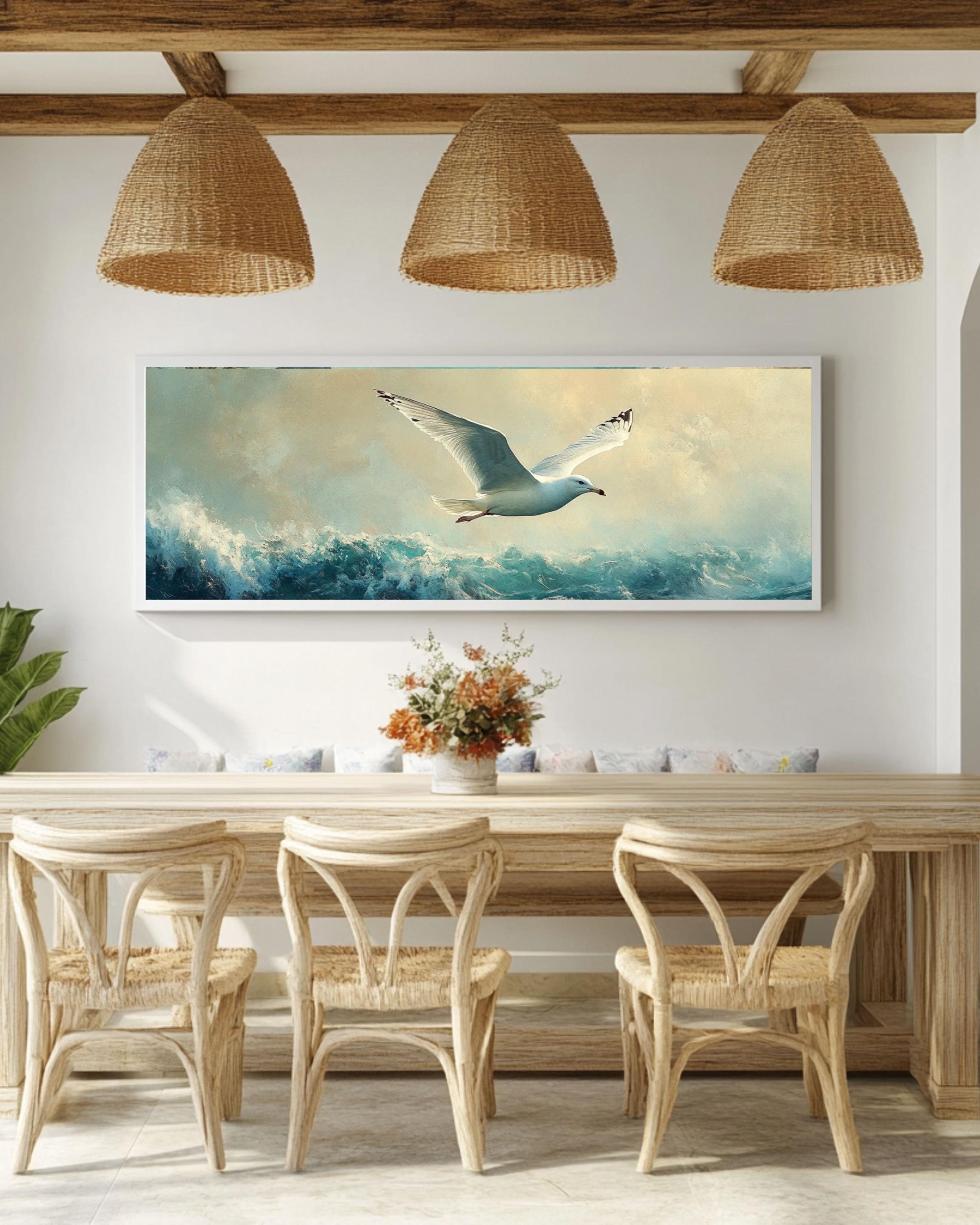 Seagull in Flight Coastal Print: Oil Painting Style Nautical Wall Art Canvas Wall Art Print – Premium Home Decor
