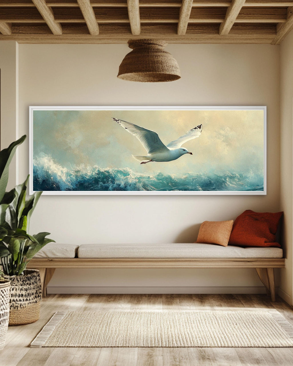 Seagull in Flight Coastal Print: Oil Painting Style Nautical Wall Art Canvas Wall Art Print – Premium Home Decor