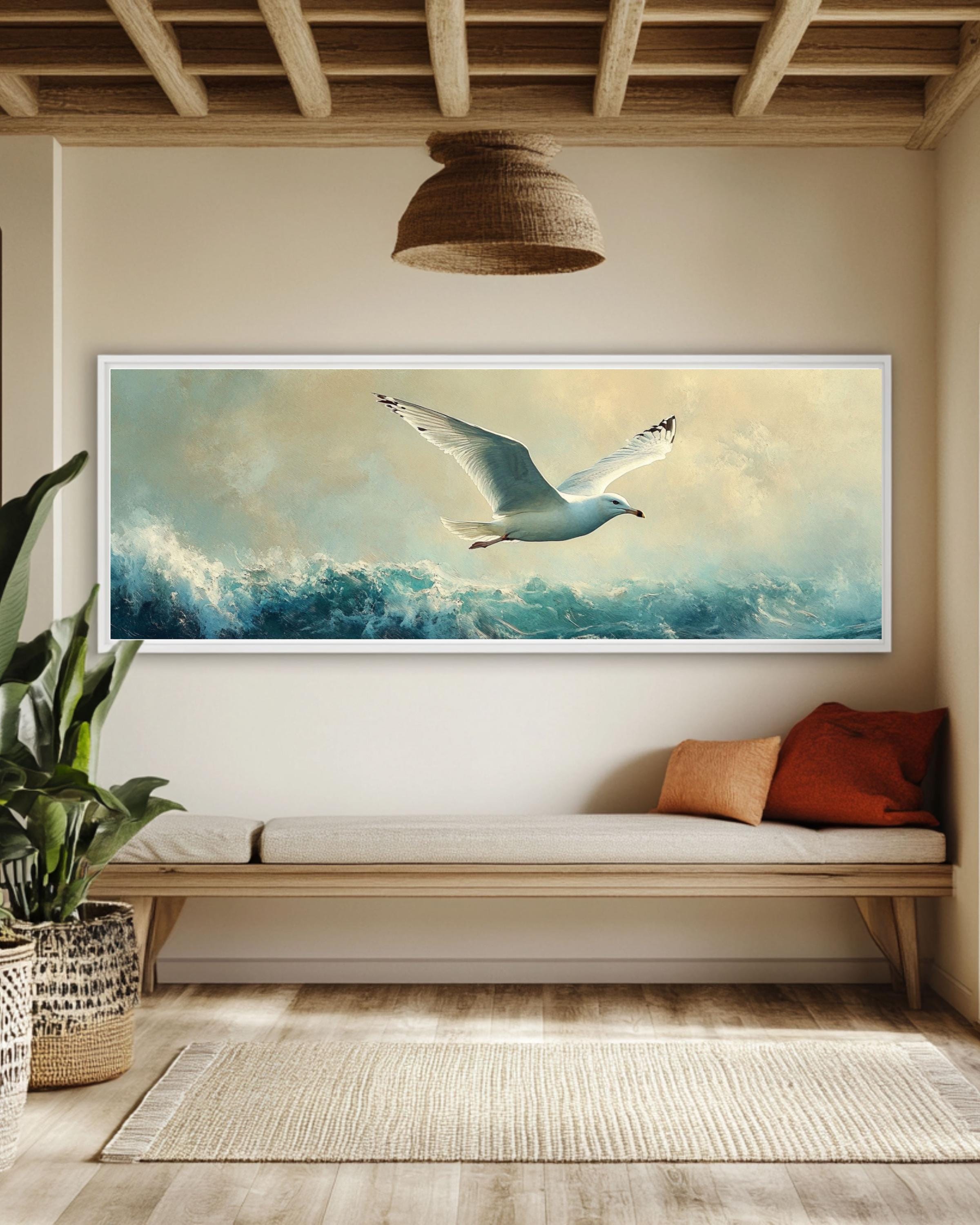 Seagull in Flight Coastal Print: Oil Painting Style Nautical Wall Art Canvas Wall Art Print – Premium Home Decor