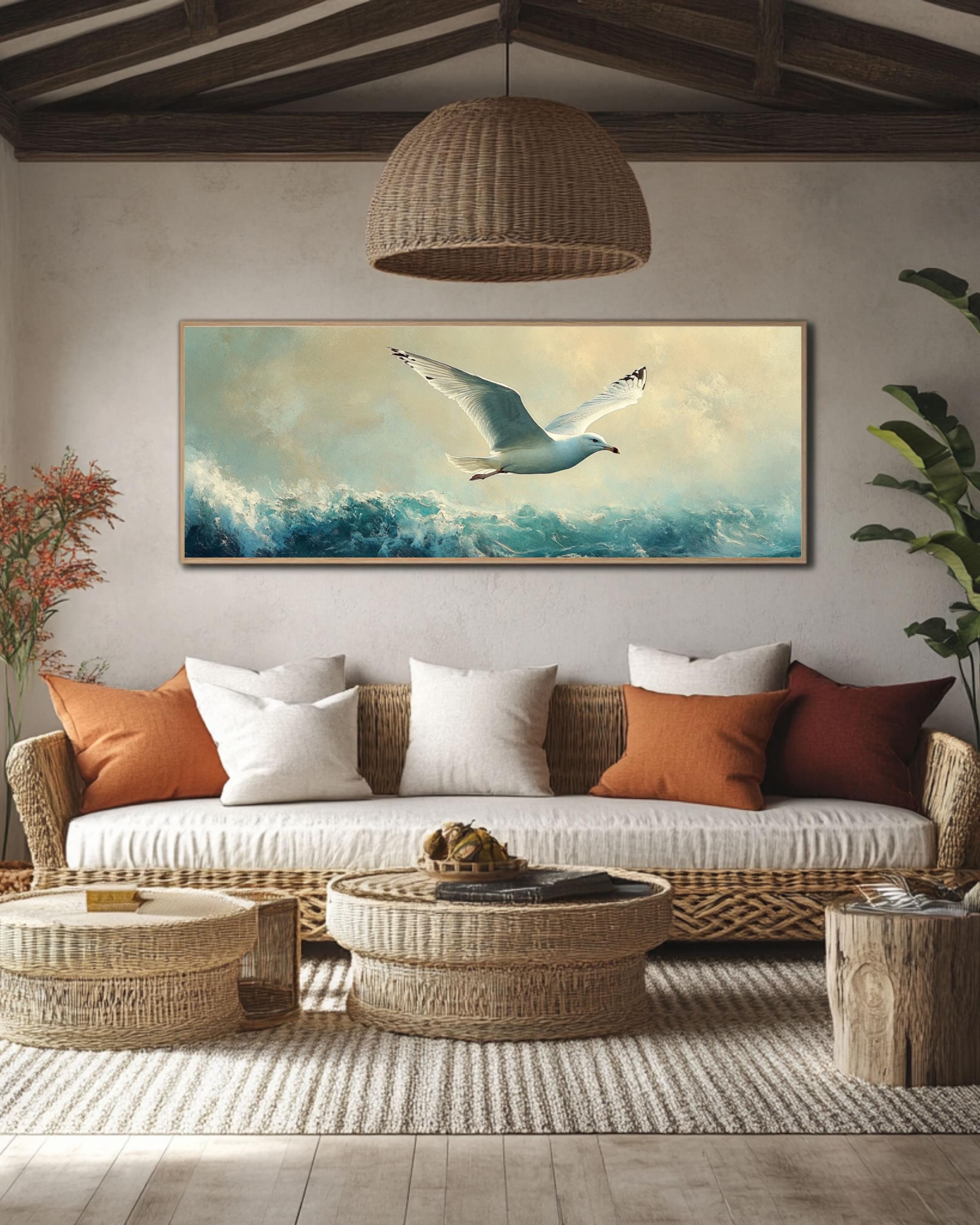 Seagull in Flight Coastal Print: Oil Painting Style Nautical Wall Art Canvas Wall Art Print – Premium Home Decor