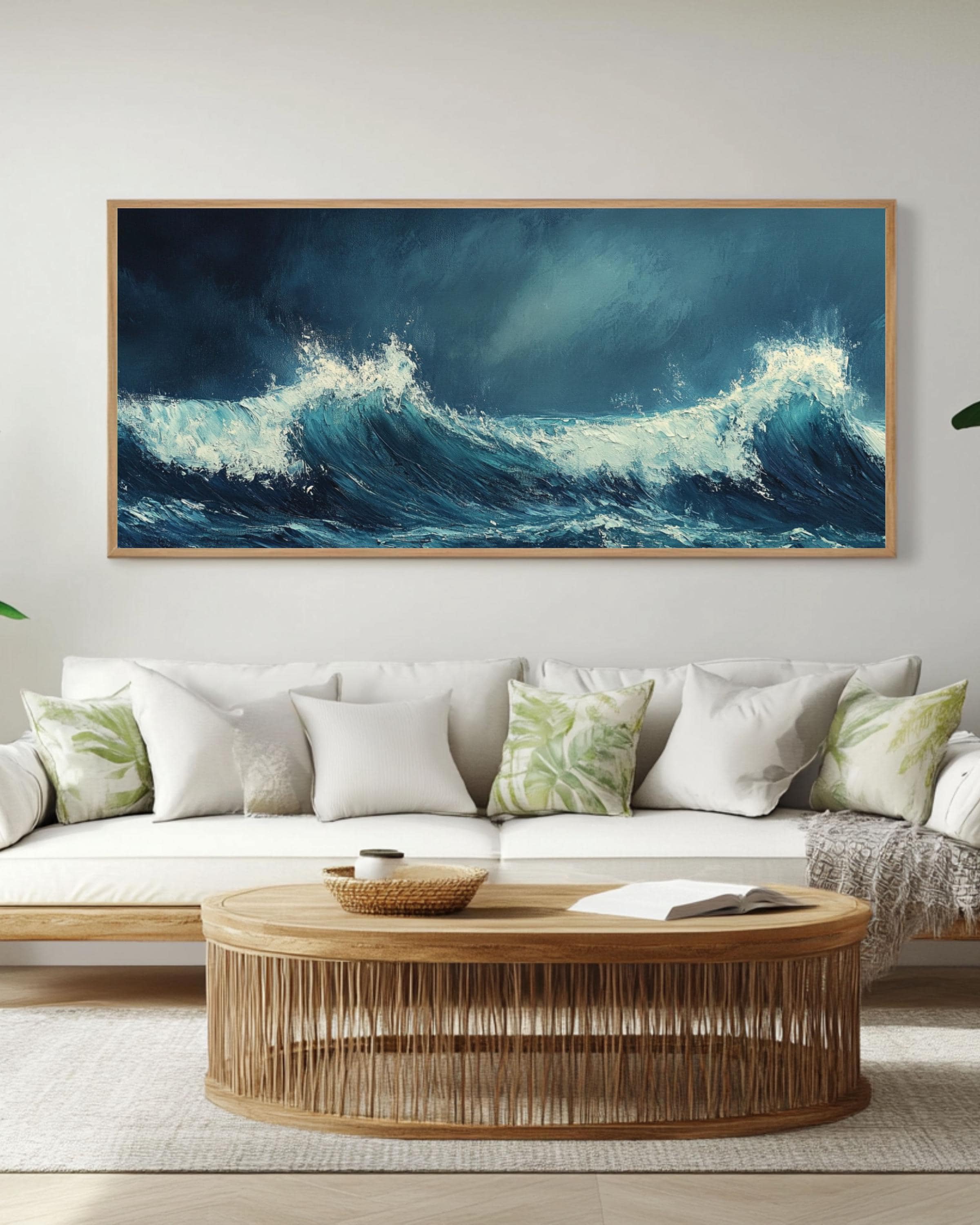 Impasto Ocean Waves Art: Moody Coastal Canvas or Poster Canvas Wall Art Print – Premium Home Decor
