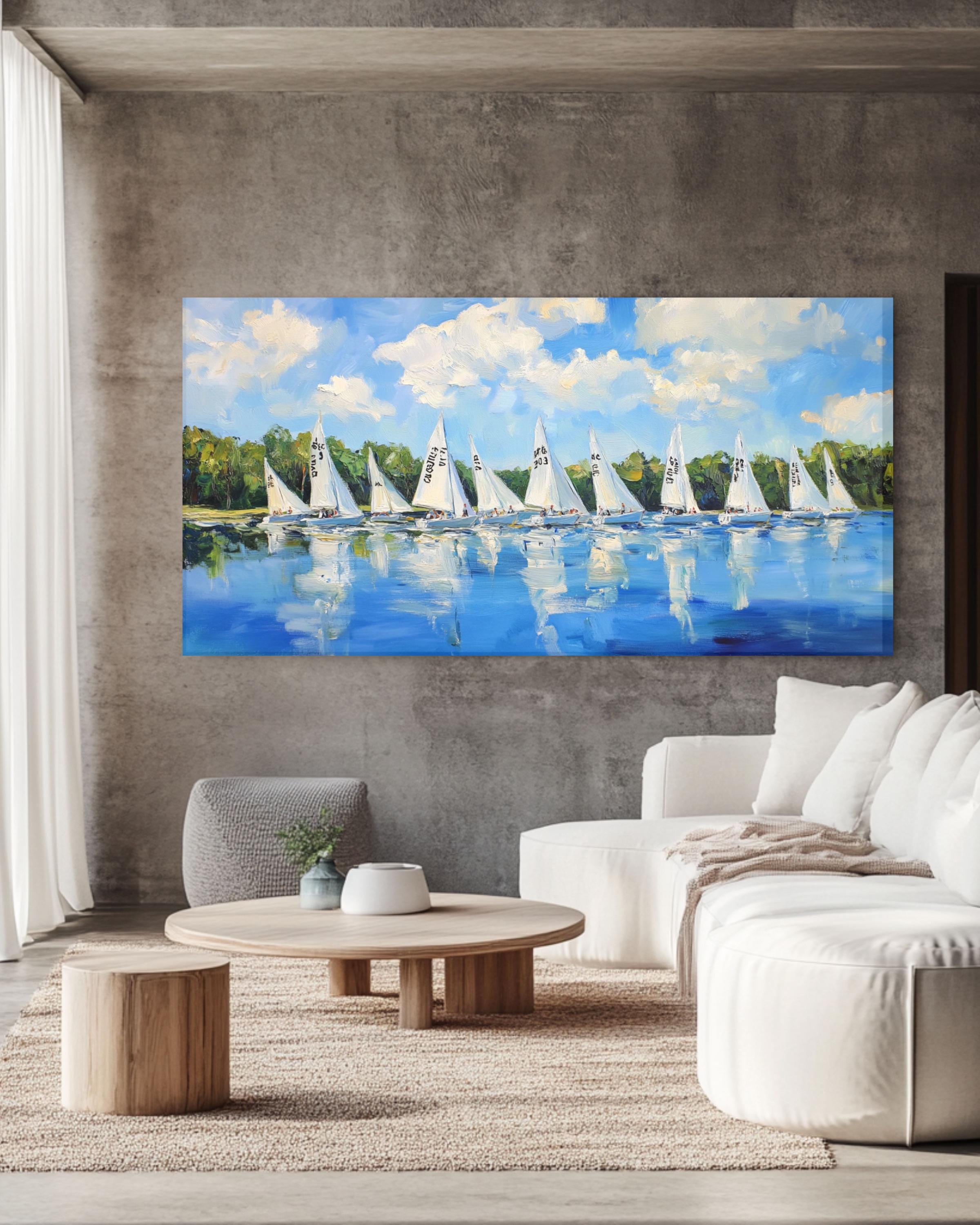 Impressionist Sailboat Regatta Art: Lake Scene Canvas or Poster Canvas Wall Art Print – Premium Home Decor