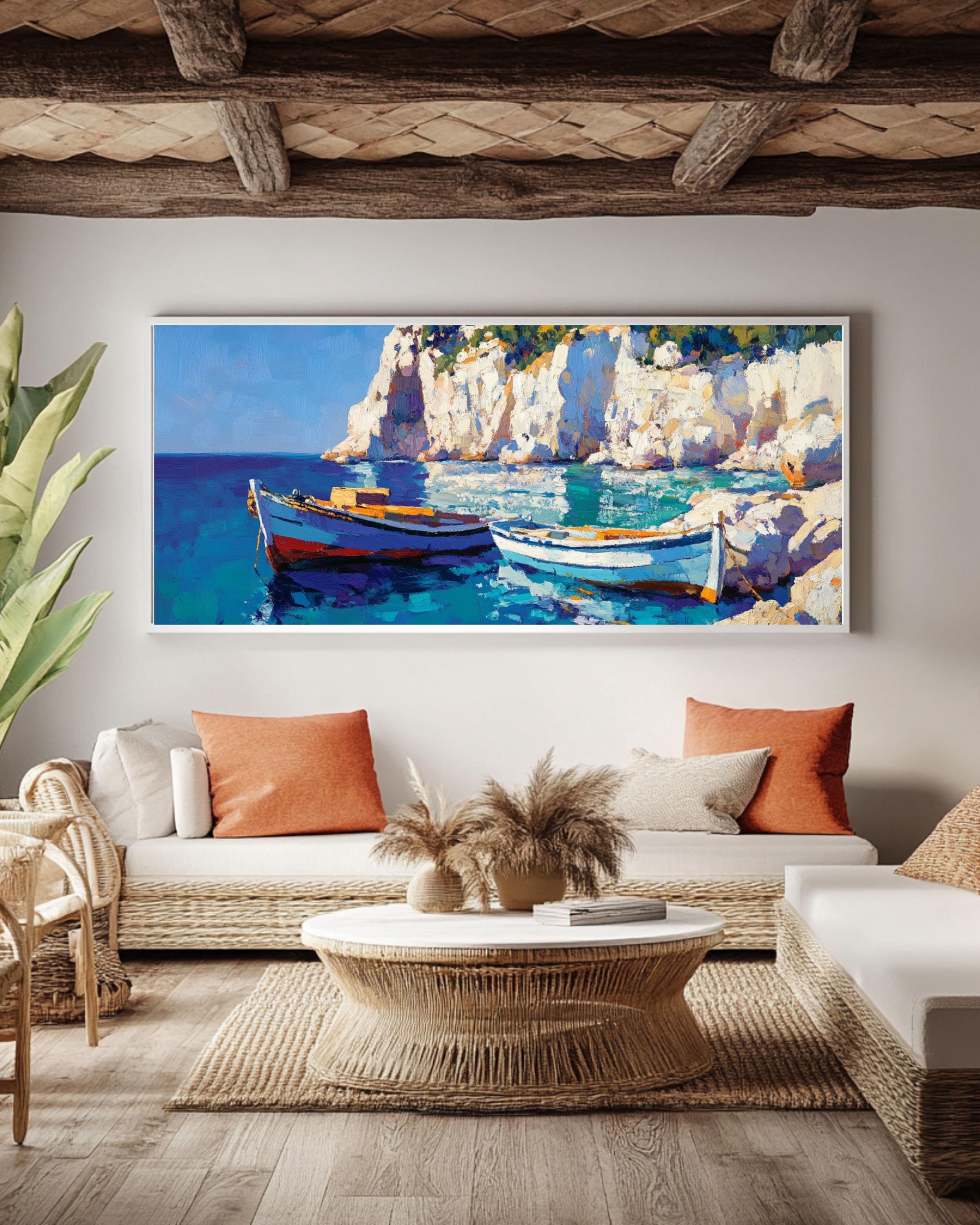 Mediterranean Fishing Boat Art: Coastal Oil Painting Style Print Canvas Wall Art Print – Premium Home Decor