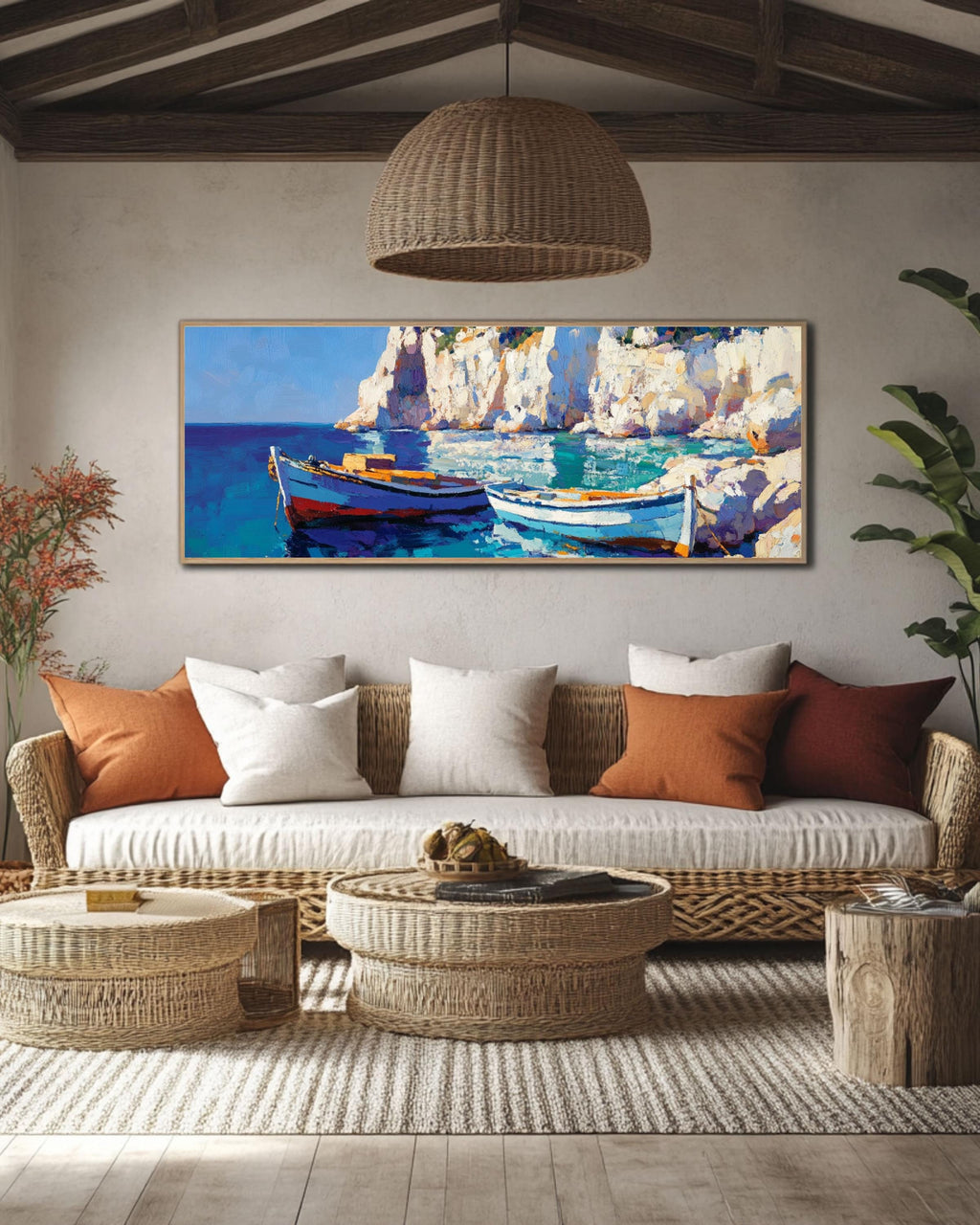 Mediterranean Fishing Boat Art: Coastal Oil Painting Style Print Canvas Wall Art Print – Premium Home Decor