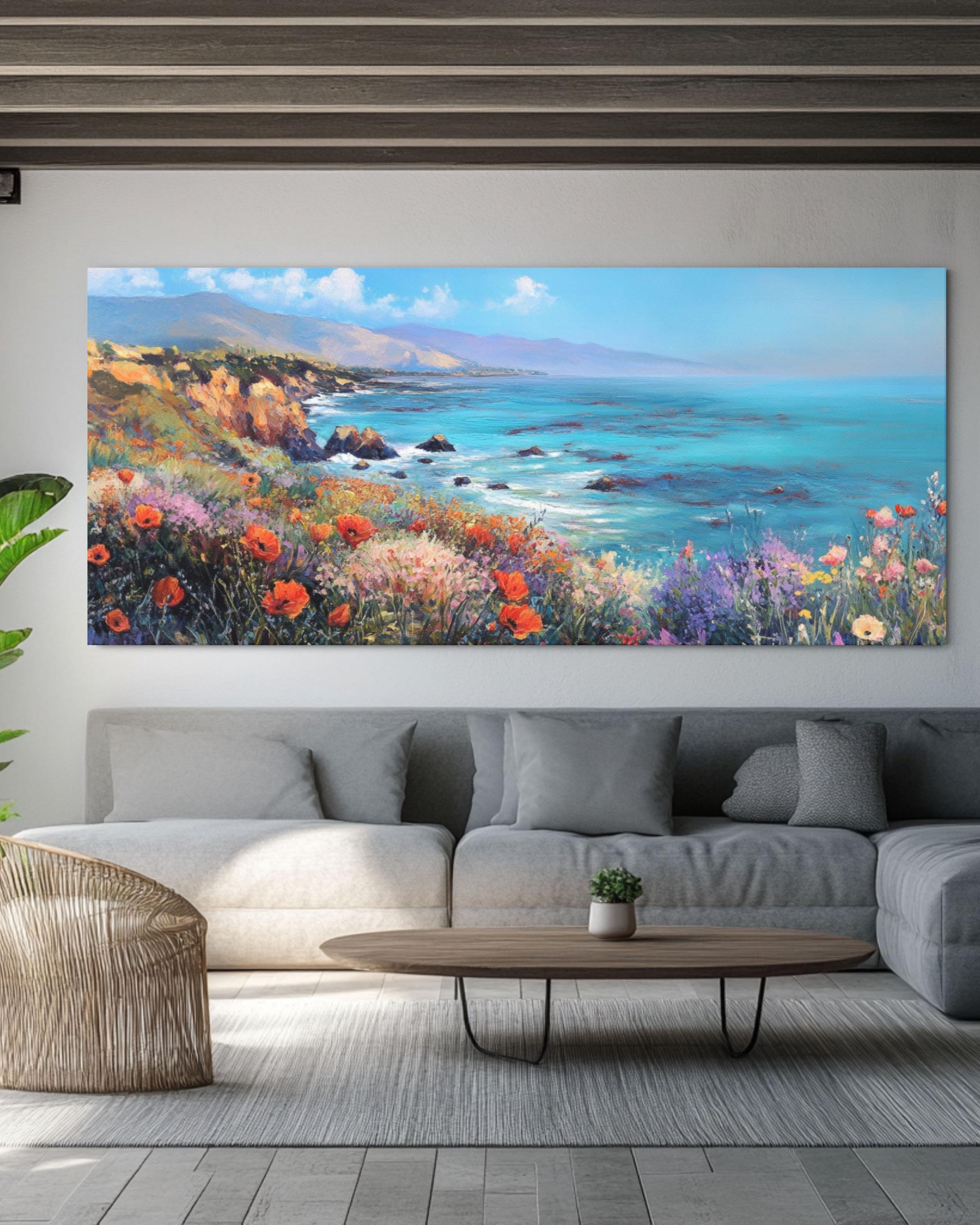 California Poppy Coastal Landscape Art: David Hockney Style, Vibrant Wall Decor Canvas Wall Art Print – Premium Home Decor