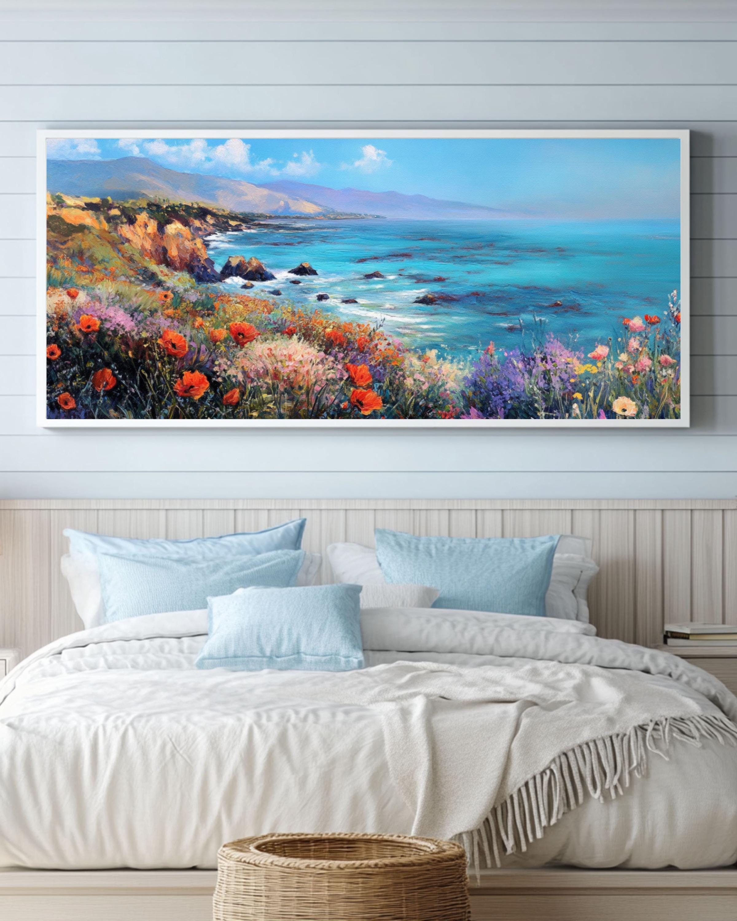 California Poppy Coastal Landscape Art: David Hockney Style, Vibrant Wall Decor Canvas Wall Art Print – Premium Home Decor