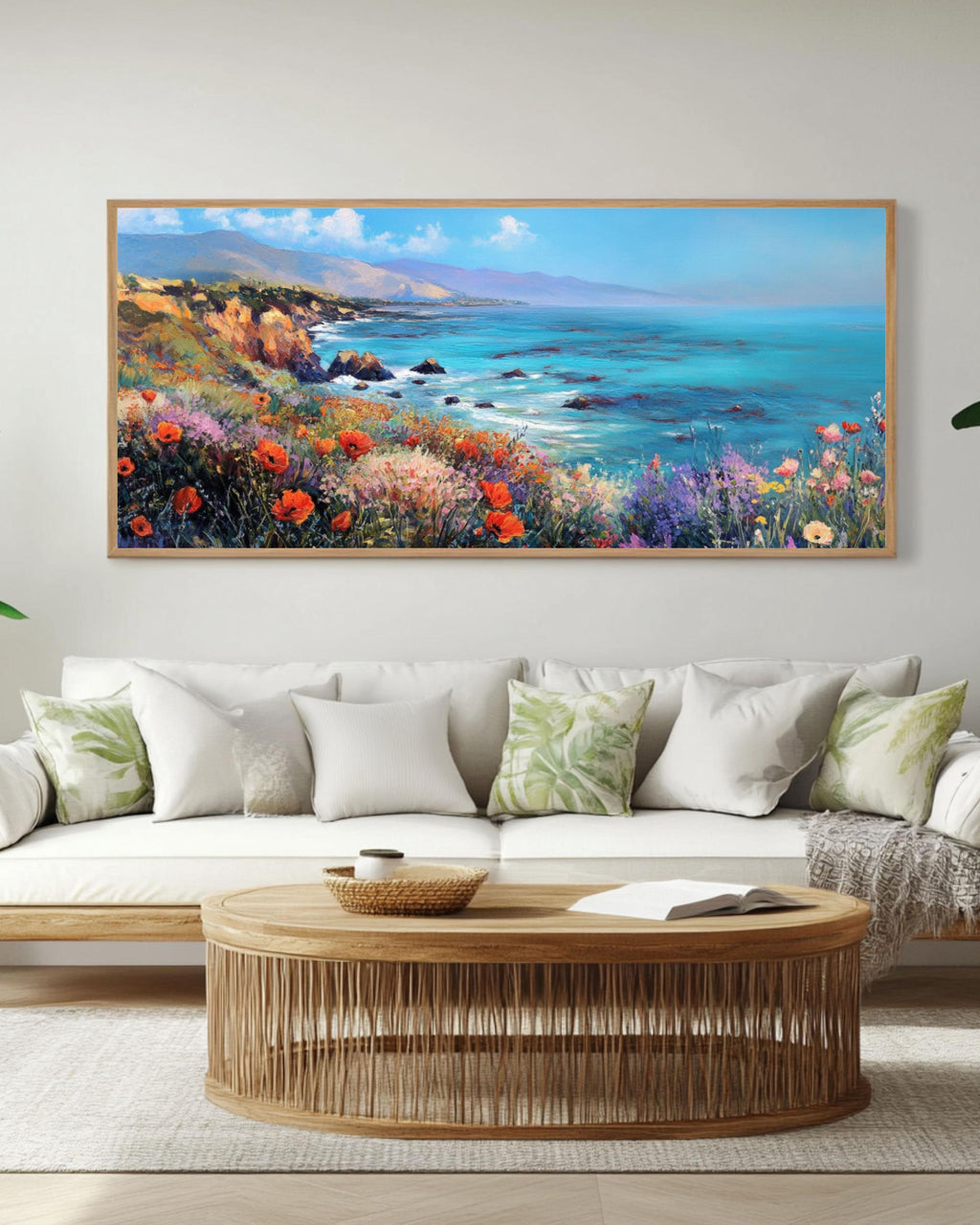 California Poppy Coastal Landscape Art: David Hockney Style, Vibrant Wall Decor Canvas Wall Art Print – Premium Home Decor