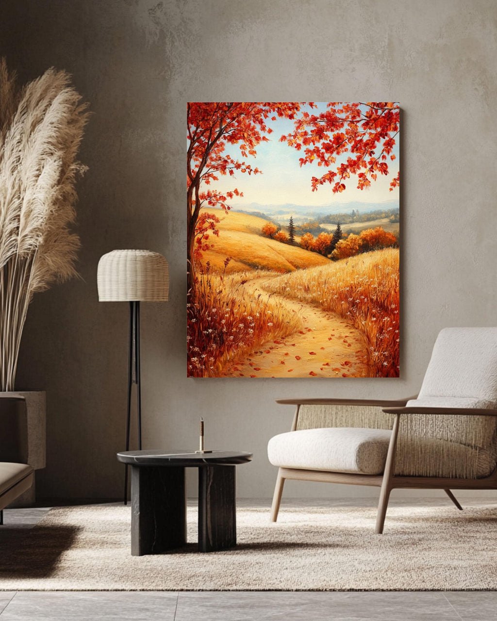 Vintage Autumn Landscape Print: Golden Hills & Wildflowers Canvas Wall Art Print – Premium Home Decor