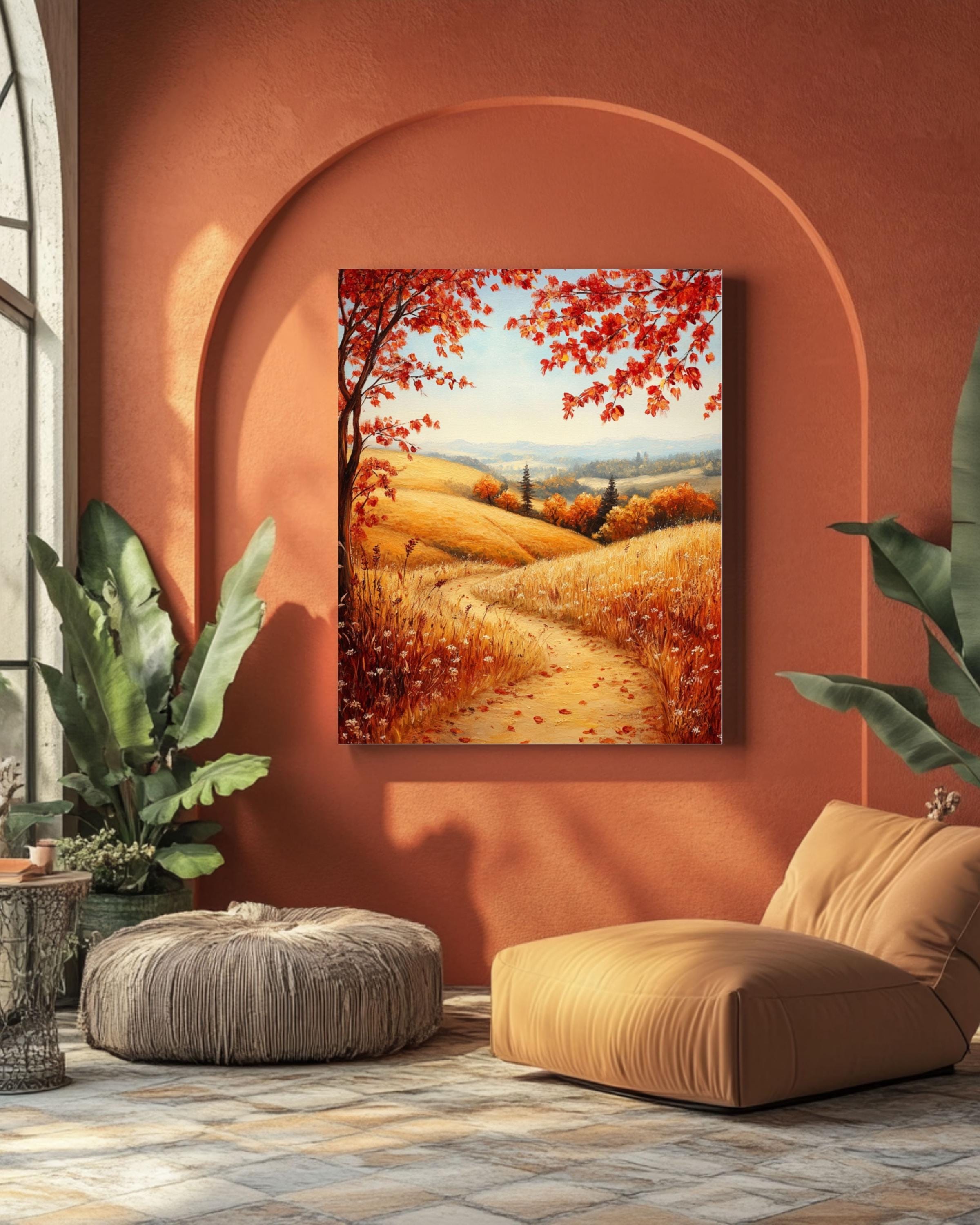 Vintage Autumn Landscape Print: Golden Hills & Wildflowers Canvas Wall Art Print – Premium Home Decor