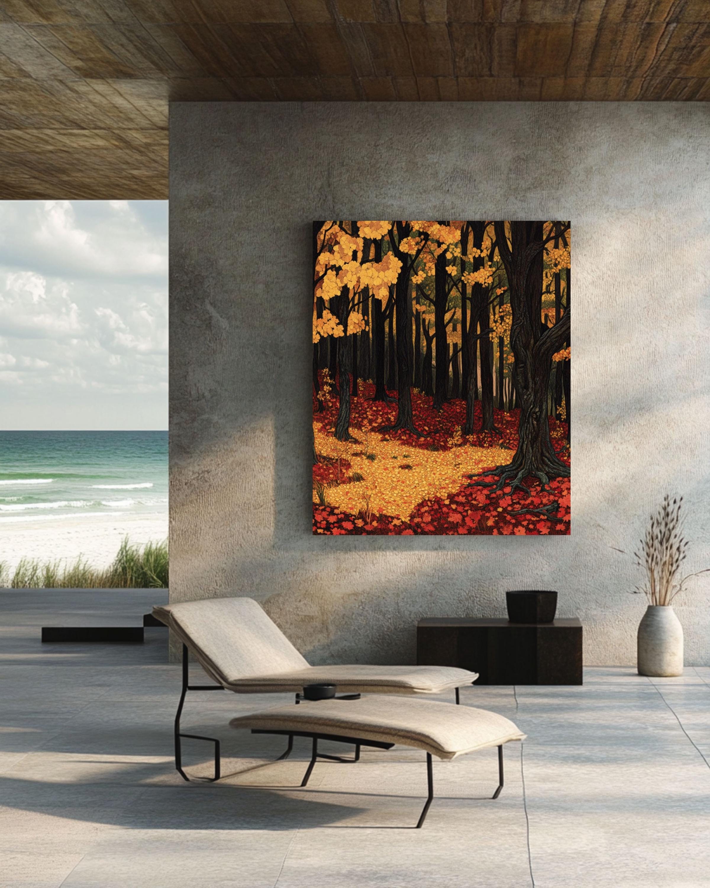 Autumn Forest Wall Art: Golden Crimson Leaves, Vintage Style Canvas Wall Art Print – Premium Home Decor