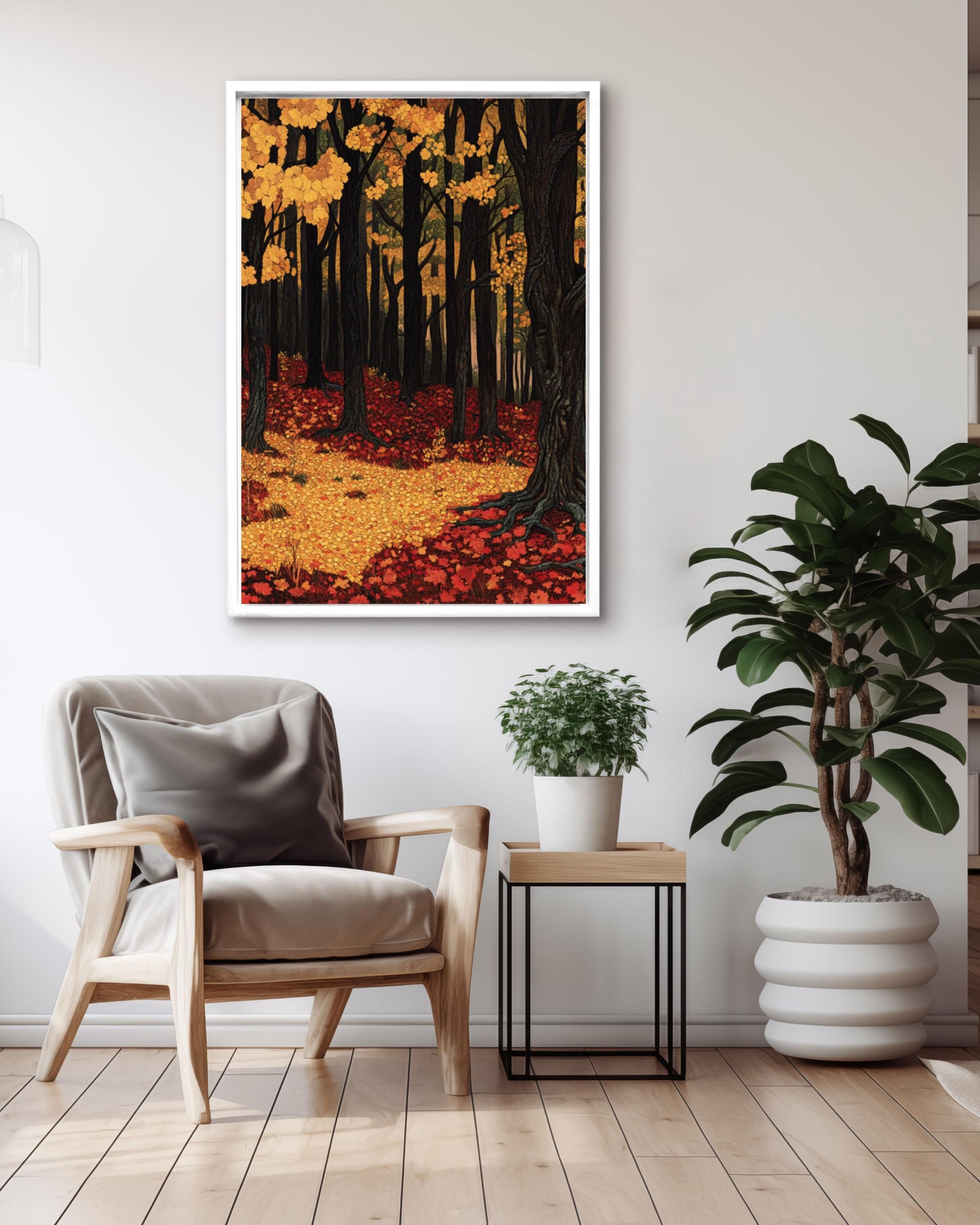 Autumn Forest Wall Art: Golden Crimson Leaves, Vintage Style Canvas Wall Art Print – Premium Home Decor