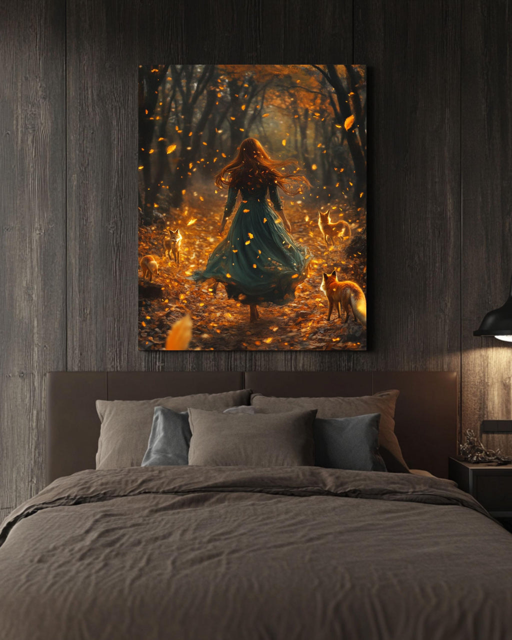 Enchanted Autumn Forest Art: Girl with Foxes, Fantasy Illustration Canvas Wall Art Print – Premium Home Decor