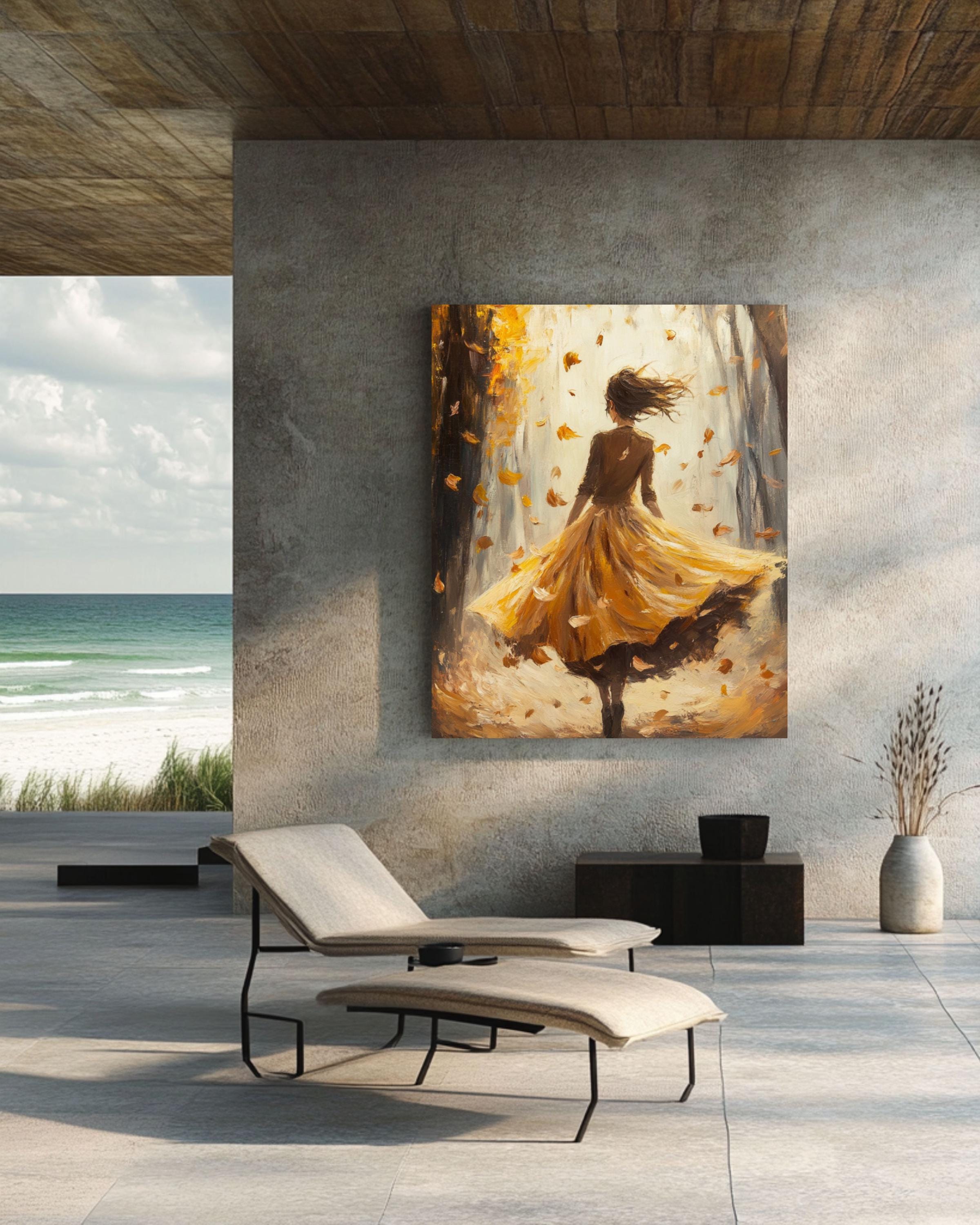 Autumn Fantasy Art Print: Girl in Yellow Dress, Oil Painting Style Canvas Wall Art Print – Premium Home Decor