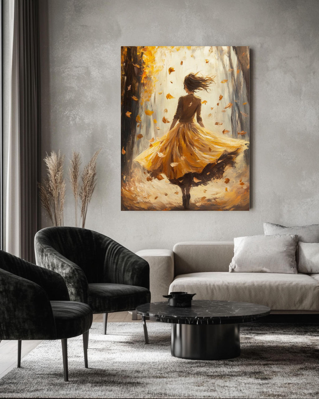 Autumn Fantasy Art Print: Girl in Yellow Dress, Oil Painting Style Canvas Wall Art Print – Premium Home Decor