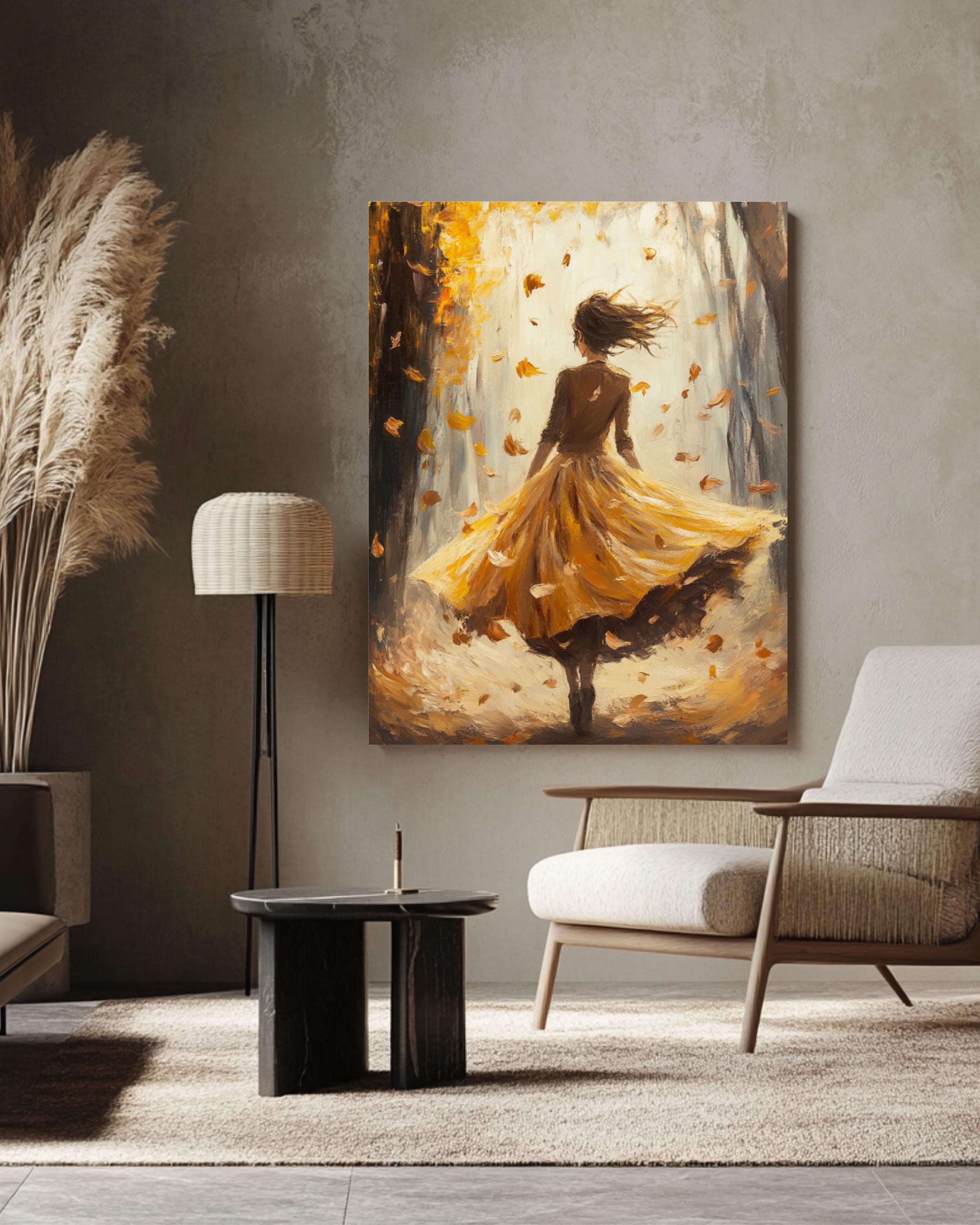 Autumn Fantasy Art Print: Girl in Yellow Dress, Oil Painting Style Canvas Wall Art Print – Premium Home Decor