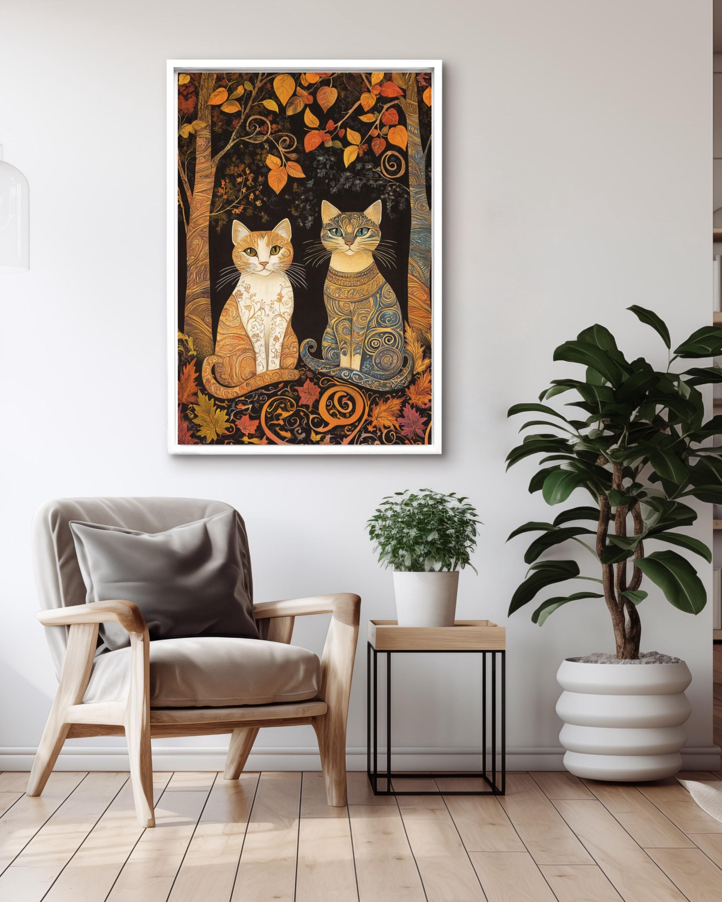 Autumn Cats Tapestry: Snake Scale Fur Design, Fall Forest Wall Art Canvas Wall Art Print – Premium Home Decor