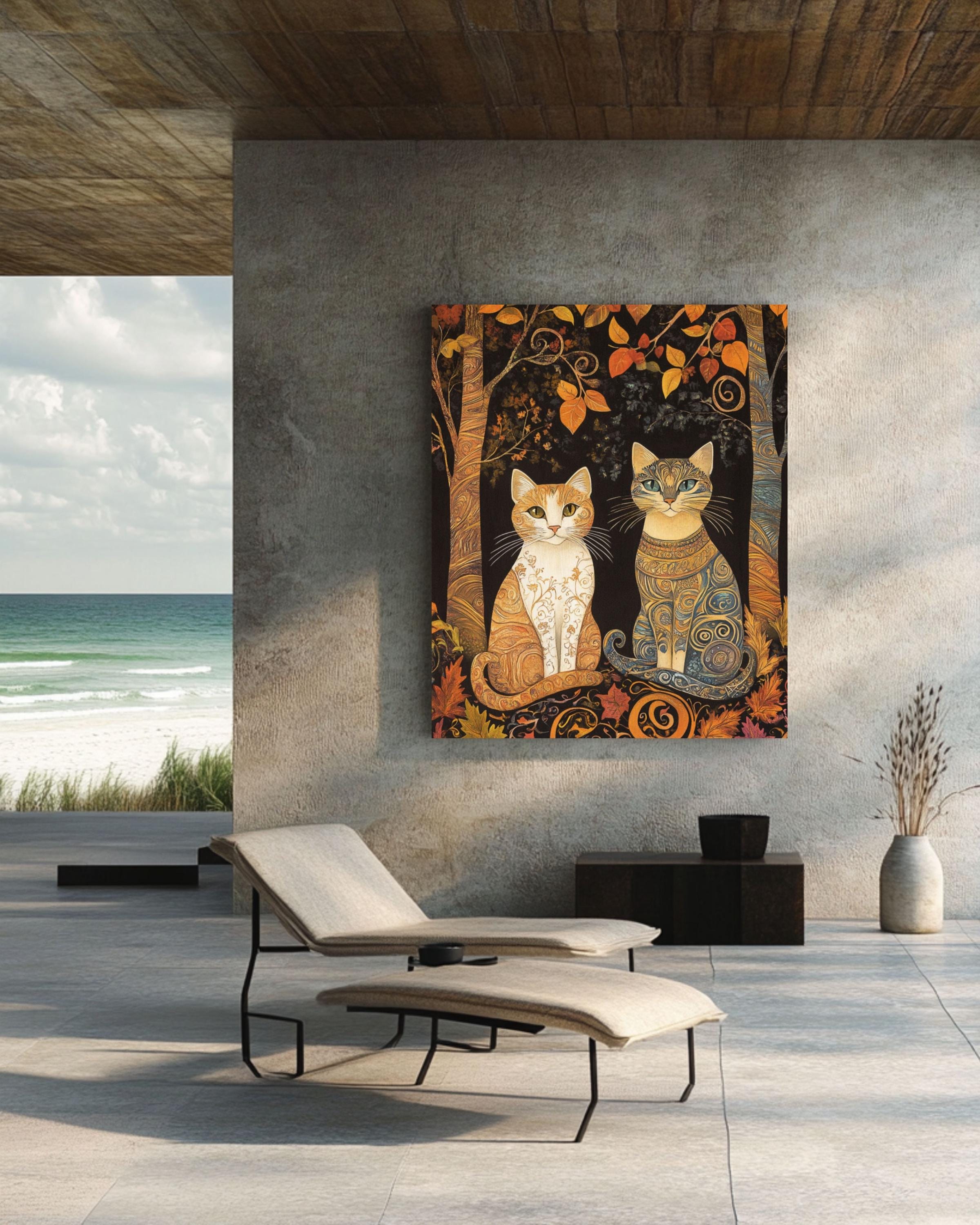 Autumn Cats Tapestry: Snake Scale Fur Design, Fall Forest Wall Art Canvas Wall Art Print – Premium Home Decor