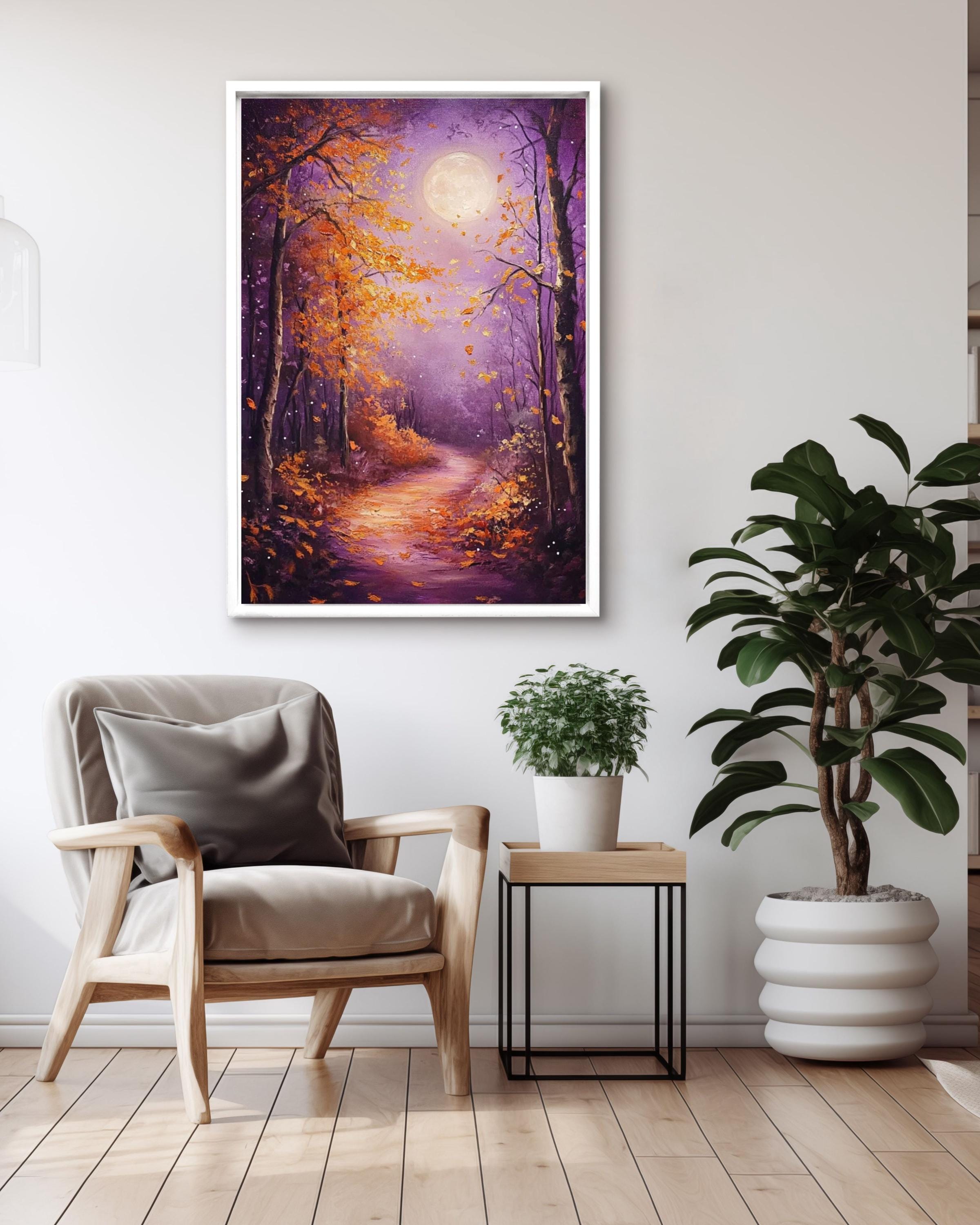 Moonlit Autumn Forest Painting: Fantasy Landscape Canvas Art Canvas Wall Art Print – Premium Home Decor