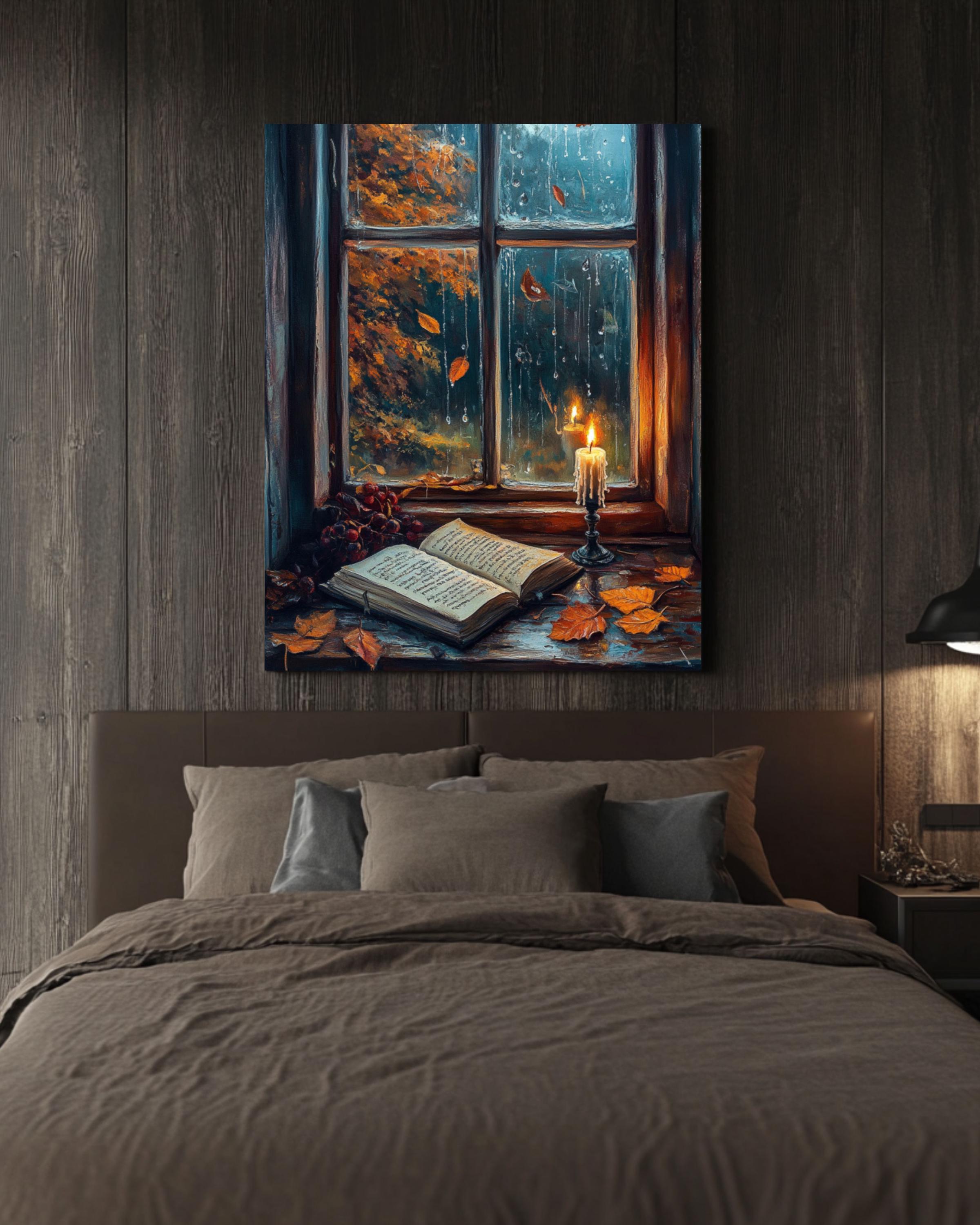 Rainy Window Autumn Scene Art: Cozy Book Lover Decor Canvas Wall Art Print – Premium Home Decor