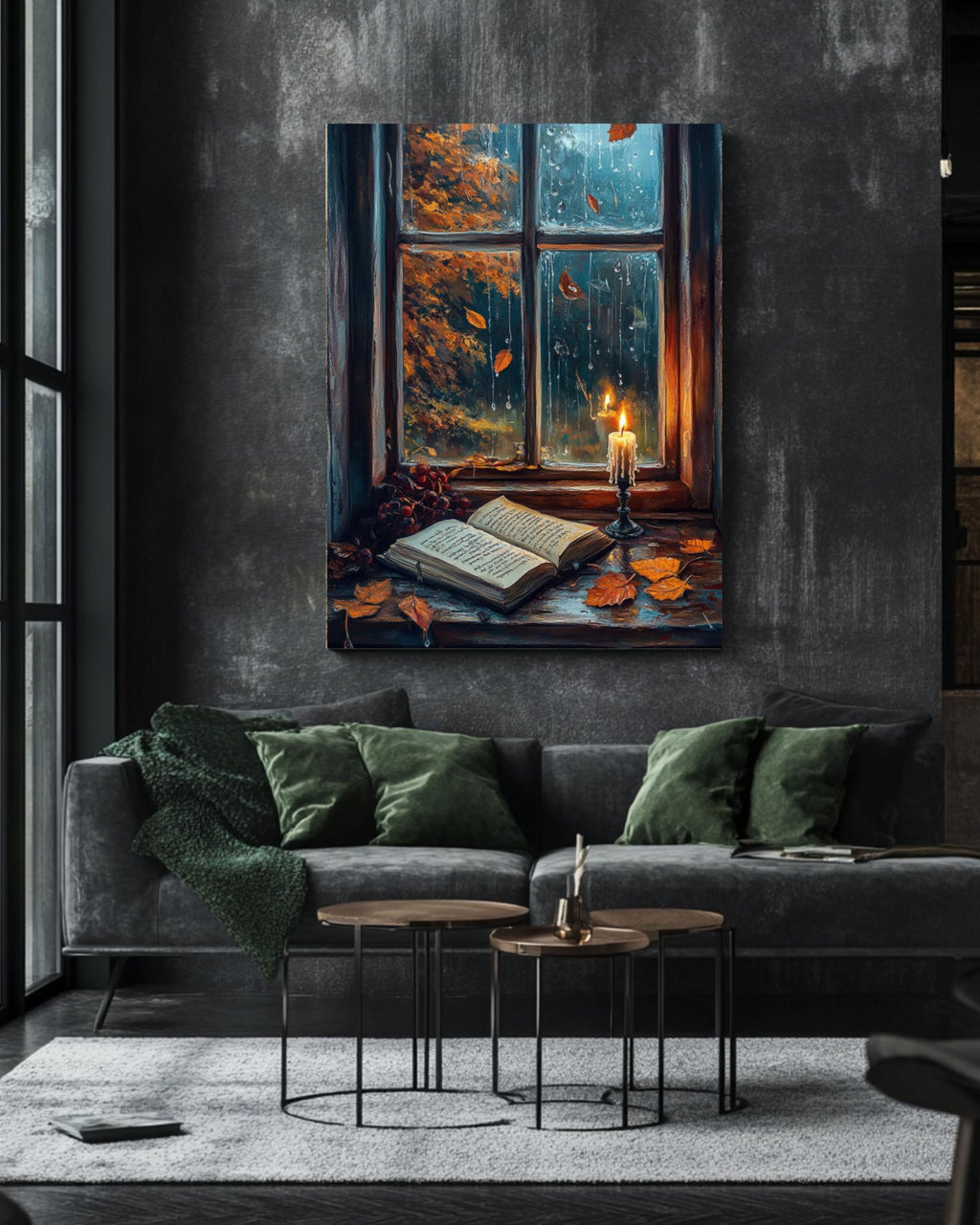 Rainy Window Autumn Scene Art: Cozy Book Lover Decor Canvas Wall Art Print – Premium Home Decor