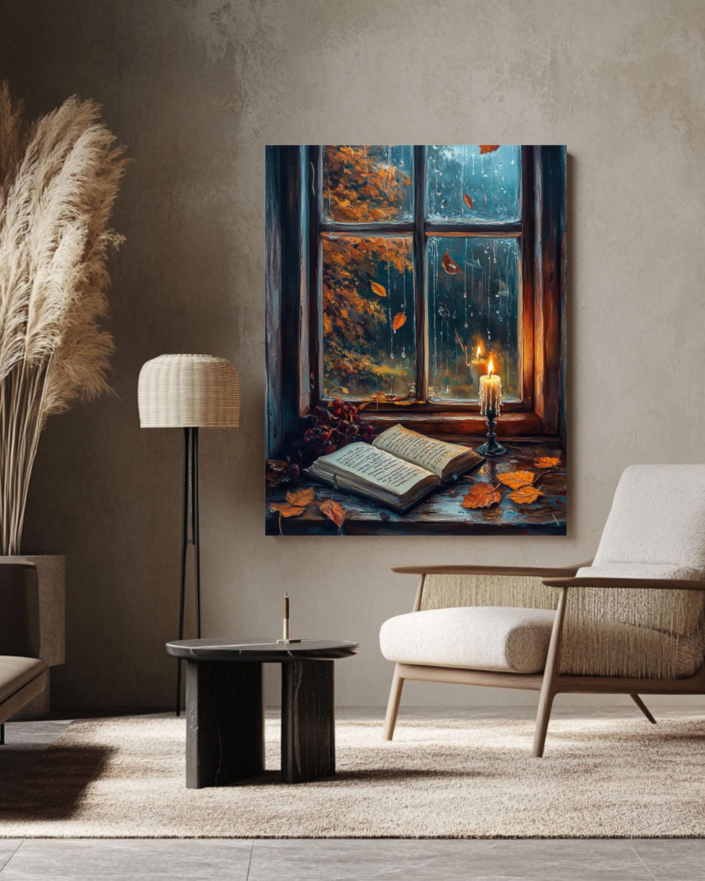 Rainy Window Autumn Scene Art: Cozy Book Lover Decor Canvas Wall Art Print – Premium Home Decor