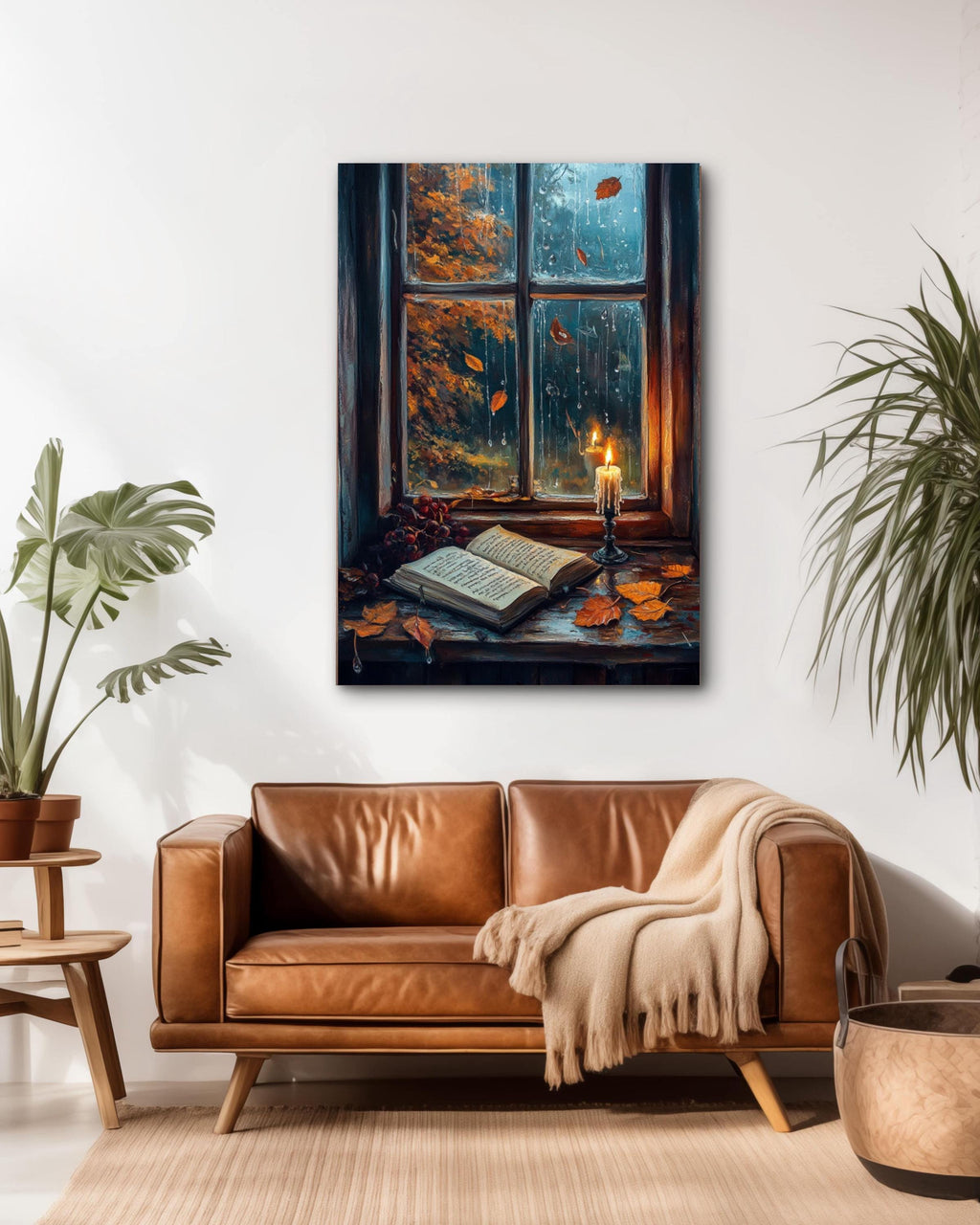 Rainy Window Autumn Scene Art: Cozy Book Lover Decor Canvas Wall Art Print – Premium Home Decor