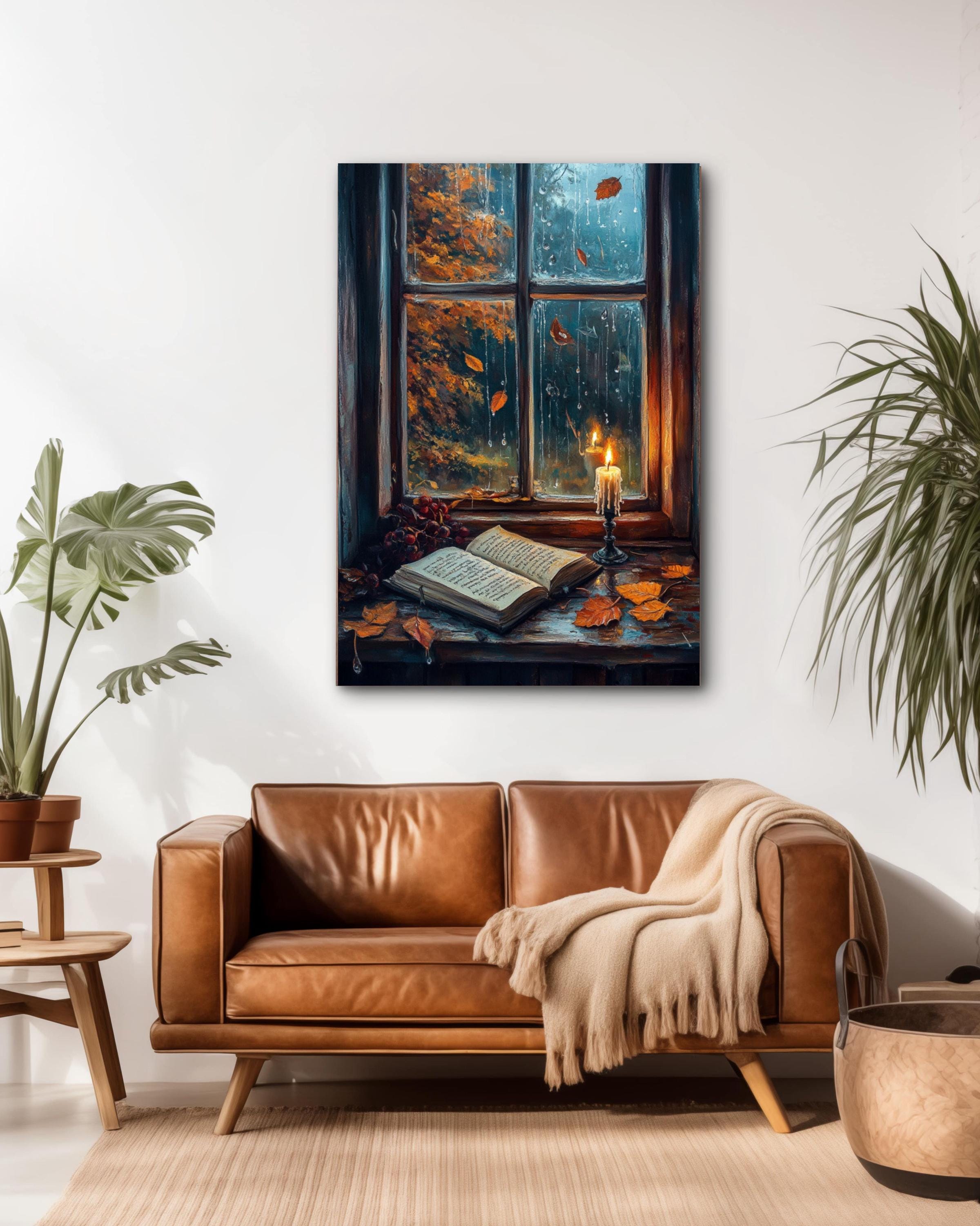 Rainy Window Autumn Scene Art: Cozy Book Lover Decor Canvas Wall Art Print – Premium Home Decor