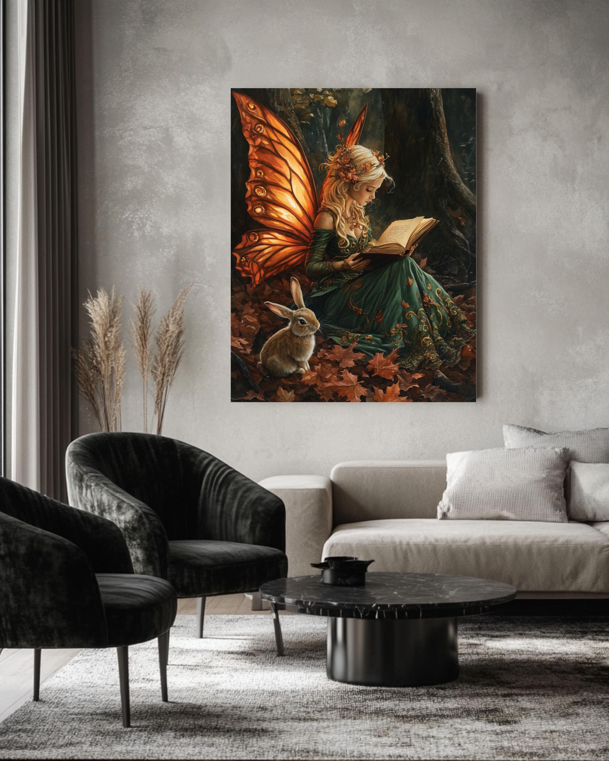 Autumn Fairy Reading to Rabbit Wall Art – Enchanted Forest Canvas Print