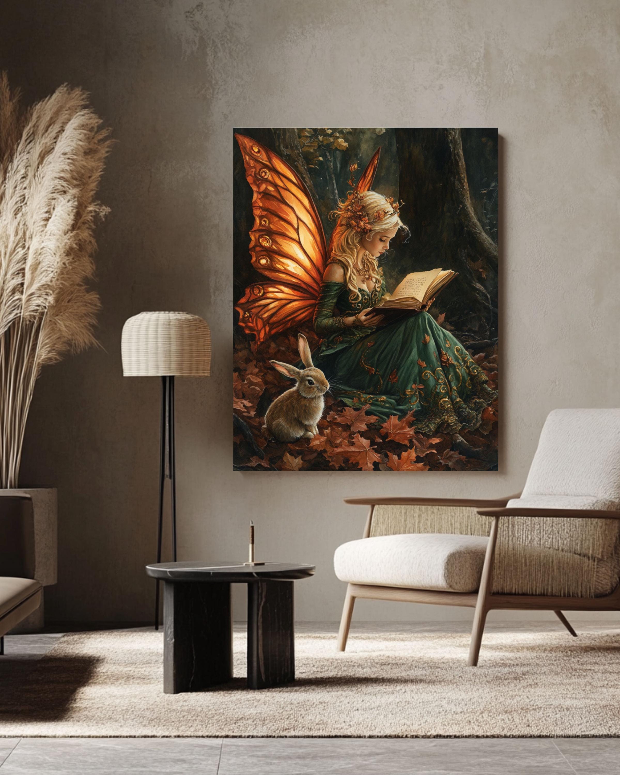 Autumn Fairy Reading to Rabbit Wall Art – Enchanted Forest Canvas Print