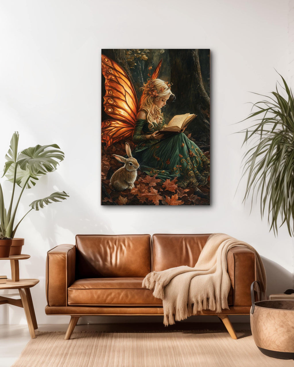 Autumn Fairy Reading to Rabbit Wall Art – Enchanted Forest Canvas Print