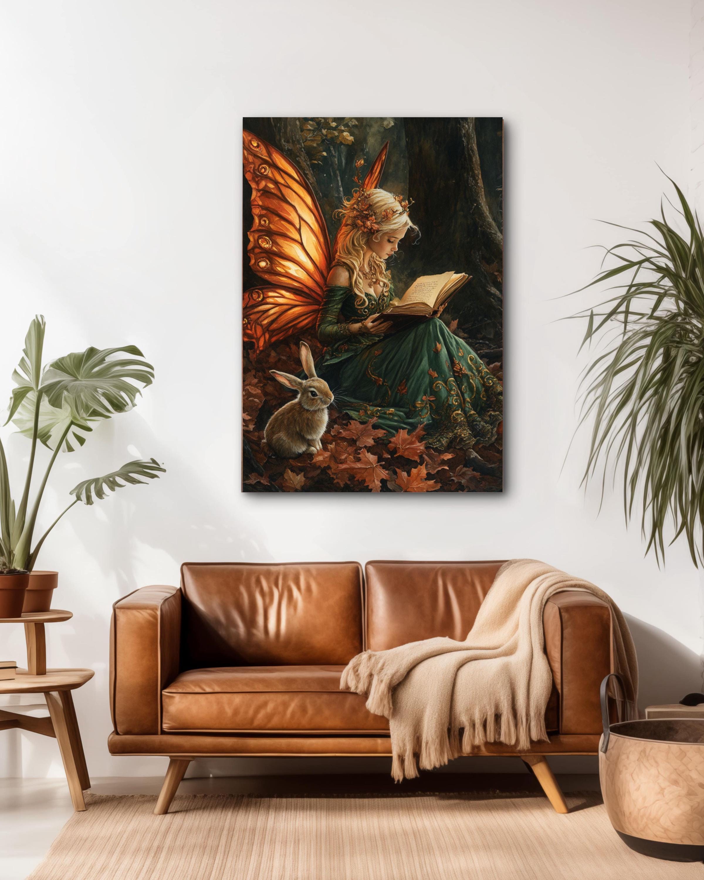 Autumn Fairy Reading to Rabbit Wall Art – Enchanted Forest Canvas Print