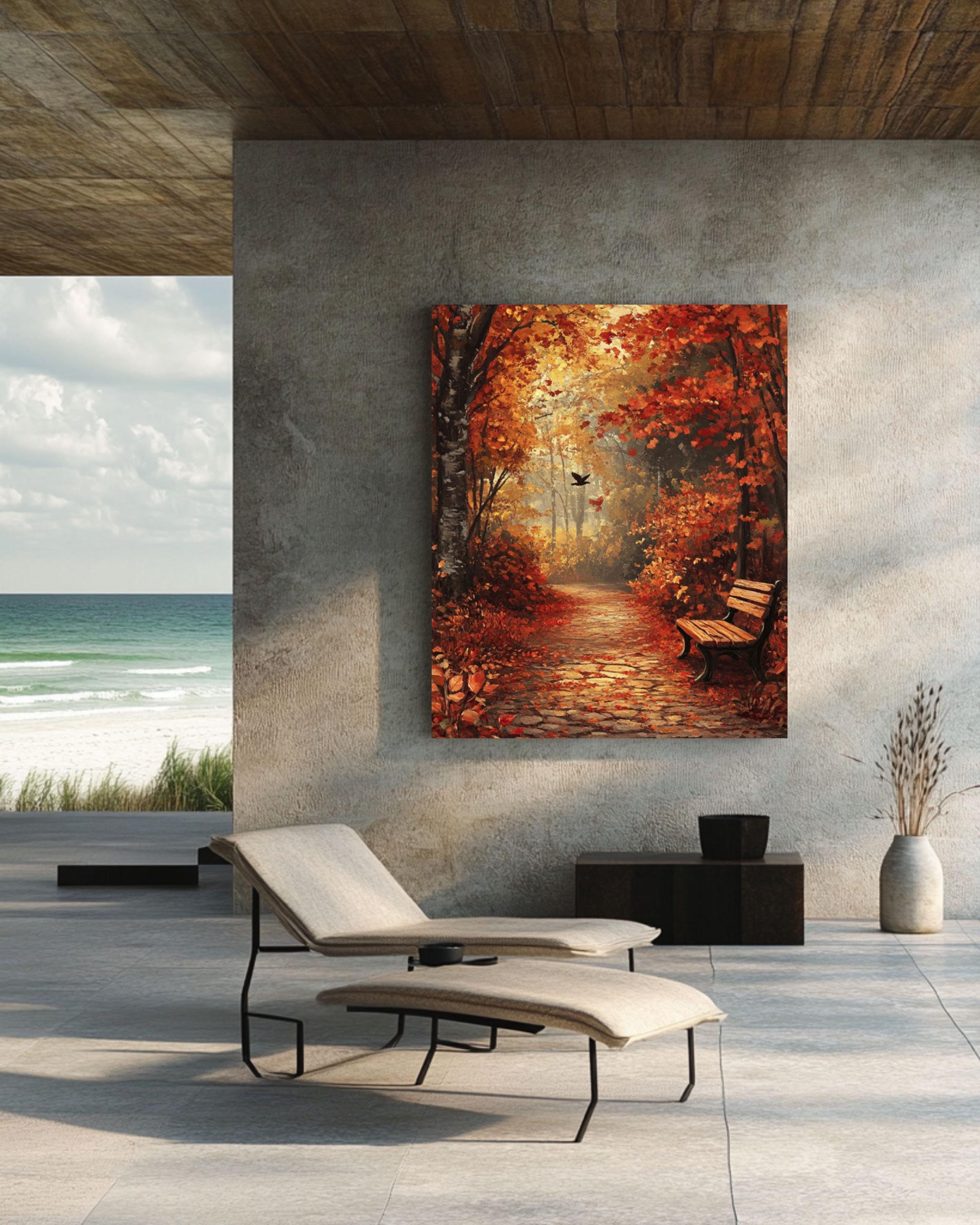 Rustic Autumn Forest Print: Cobblestone Path, Fall Leaves Canvas Wall Art Print – Premium Home Decor