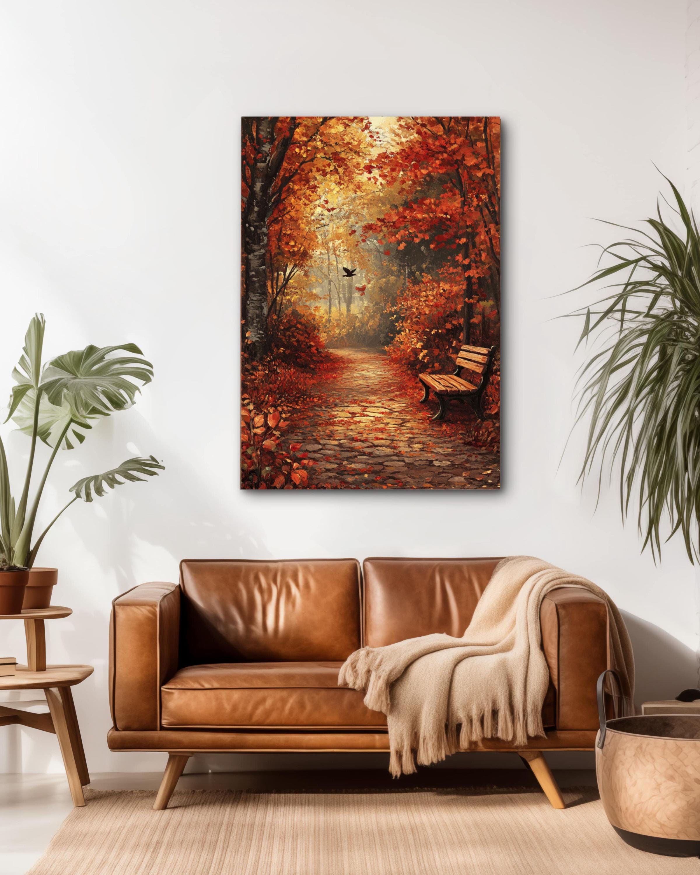 Rustic Autumn Forest Print: Cobblestone Path, Fall Leaves Canvas Wall Art Print – Premium Home Decor