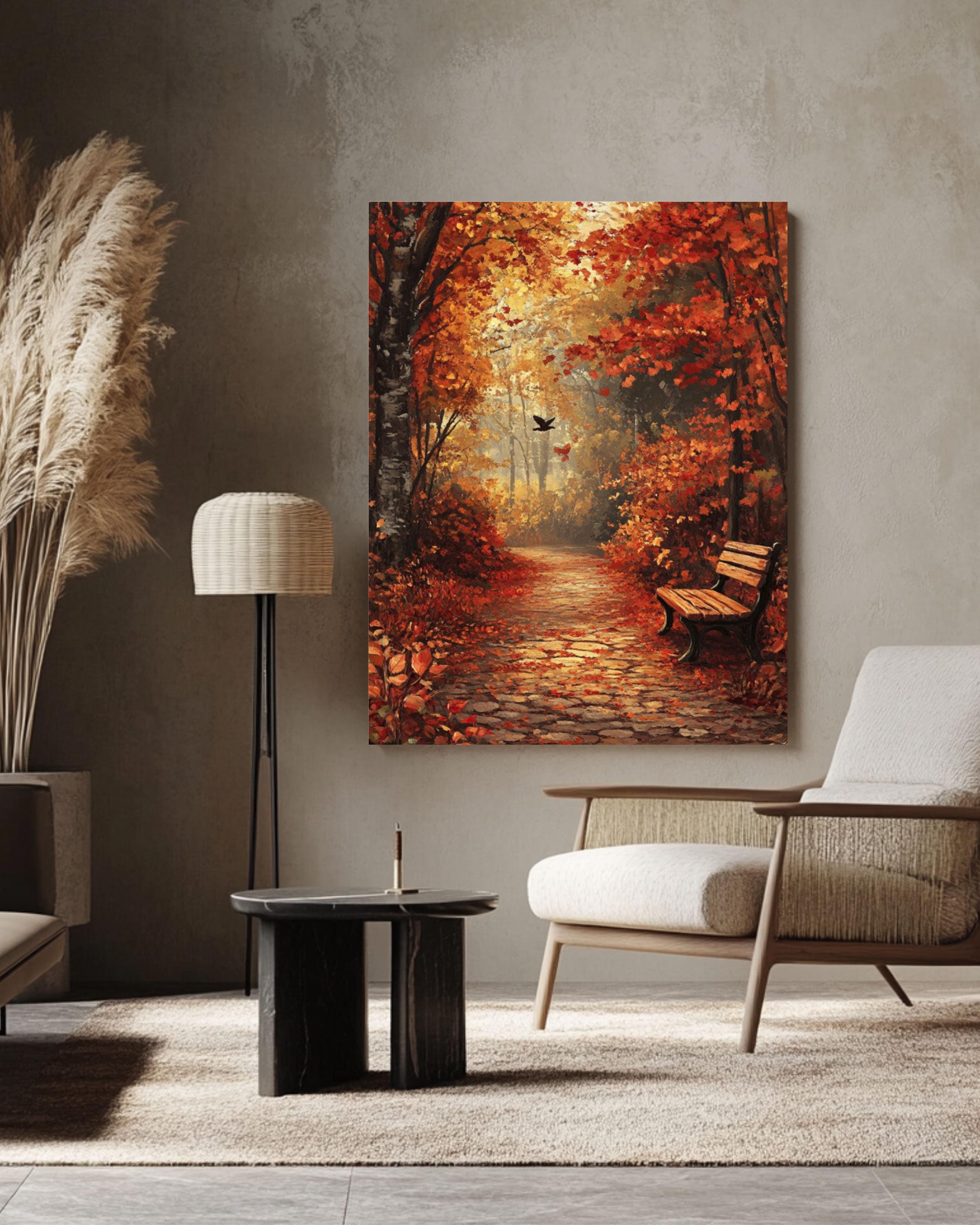 Rustic Autumn Forest Print: Cobblestone Path, Fall Leaves Canvas Wall Art Print – Premium Home Decor
