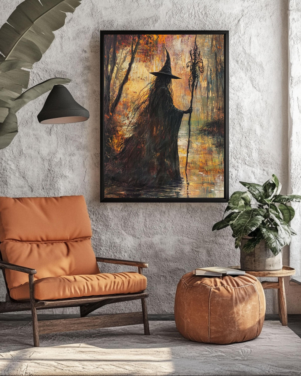 Autumn Witch River Art: Fantasy Magic Scene, Fall Decor Canvas Wall Art Print – Premium Home Decor