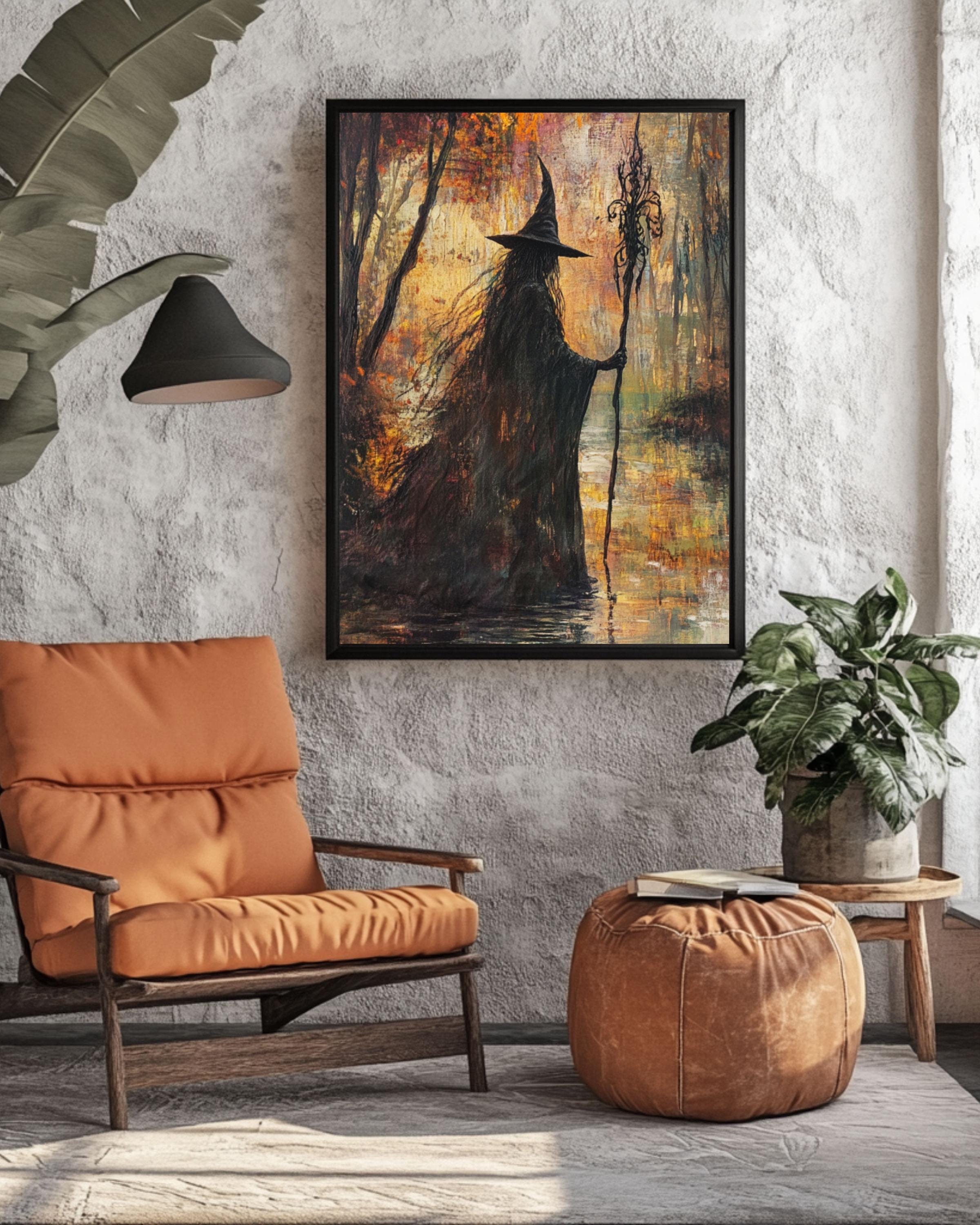 Autumn Witch River Art: Fantasy Magic Scene, Fall Decor Canvas Wall Art Print – Premium Home Decor