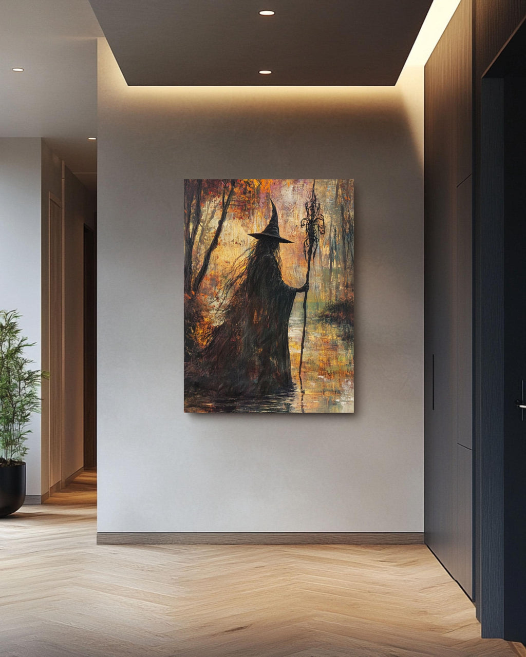 Autumn Witch River Art: Fantasy Magic Scene, Fall Decor Canvas Wall Art Print – Premium Home Decor