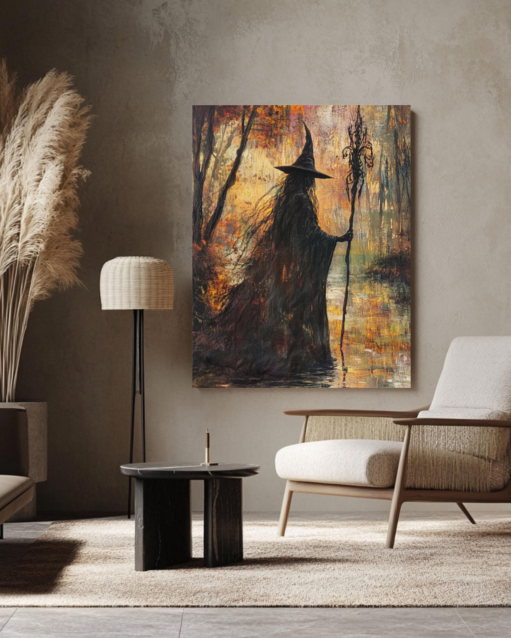 Autumn Witch River Art: Fantasy Magic Scene, Fall Decor Canvas Wall Art Print – Premium Home Decor