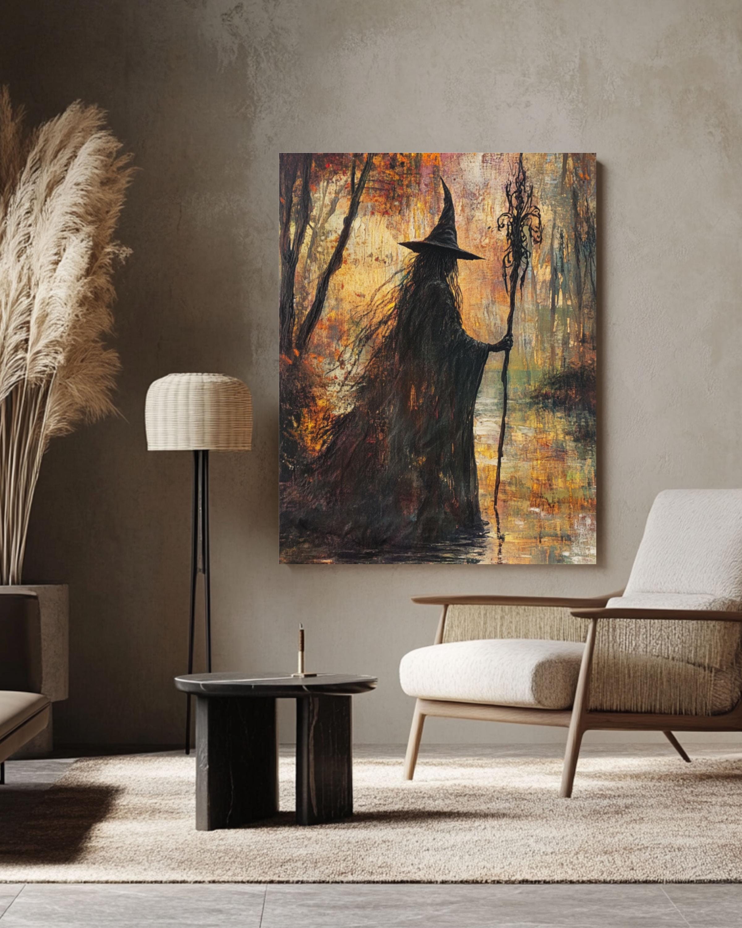 Autumn Witch River Art: Fantasy Magic Scene, Fall Decor Canvas Wall Art Print – Premium Home Decor