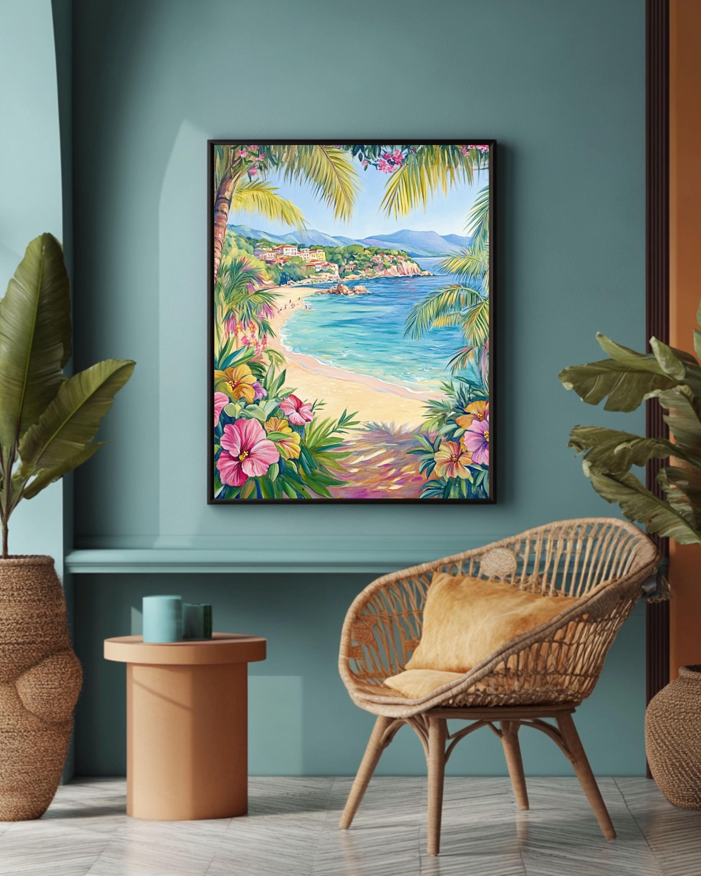St. Tropez Beach Print: Tropical Hibiscus Flowers, Palm Trees, Crystal Waters Canvas Wall Art Print – Premium Home Decor