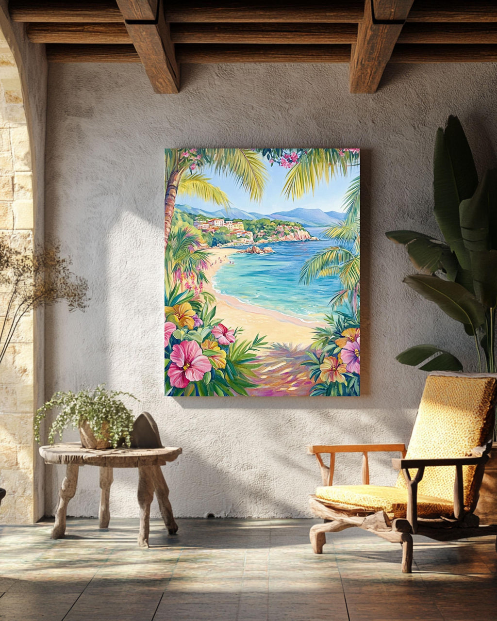 St. Tropez Beach Print: Tropical Hibiscus Flowers, Palm Trees, Crystal Waters Canvas Wall Art Print – Premium Home Decor