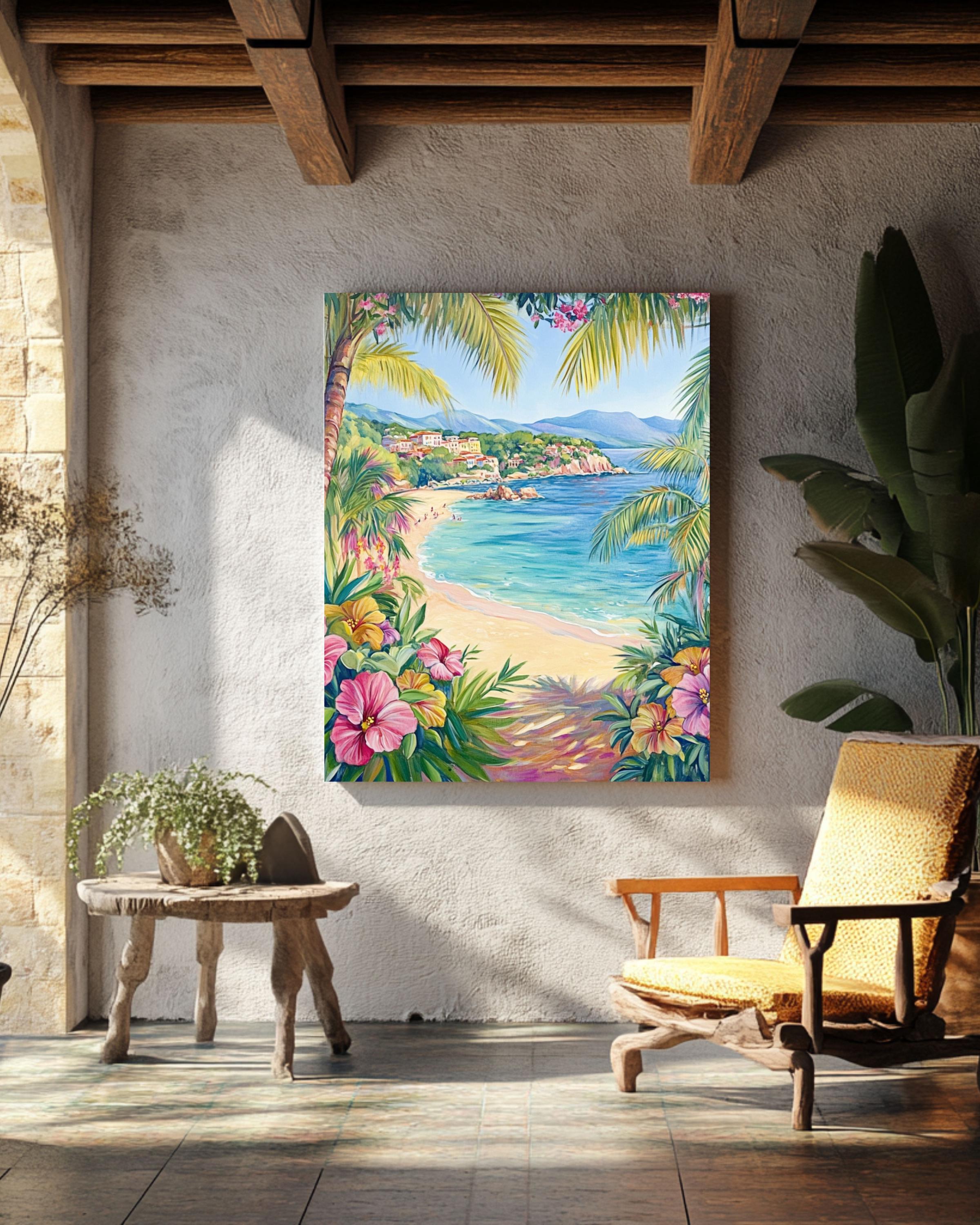 St. Tropez Beach Print: Tropical Hibiscus Flowers, Palm Trees, Crystal Waters Canvas Wall Art Print – Premium Home Decor