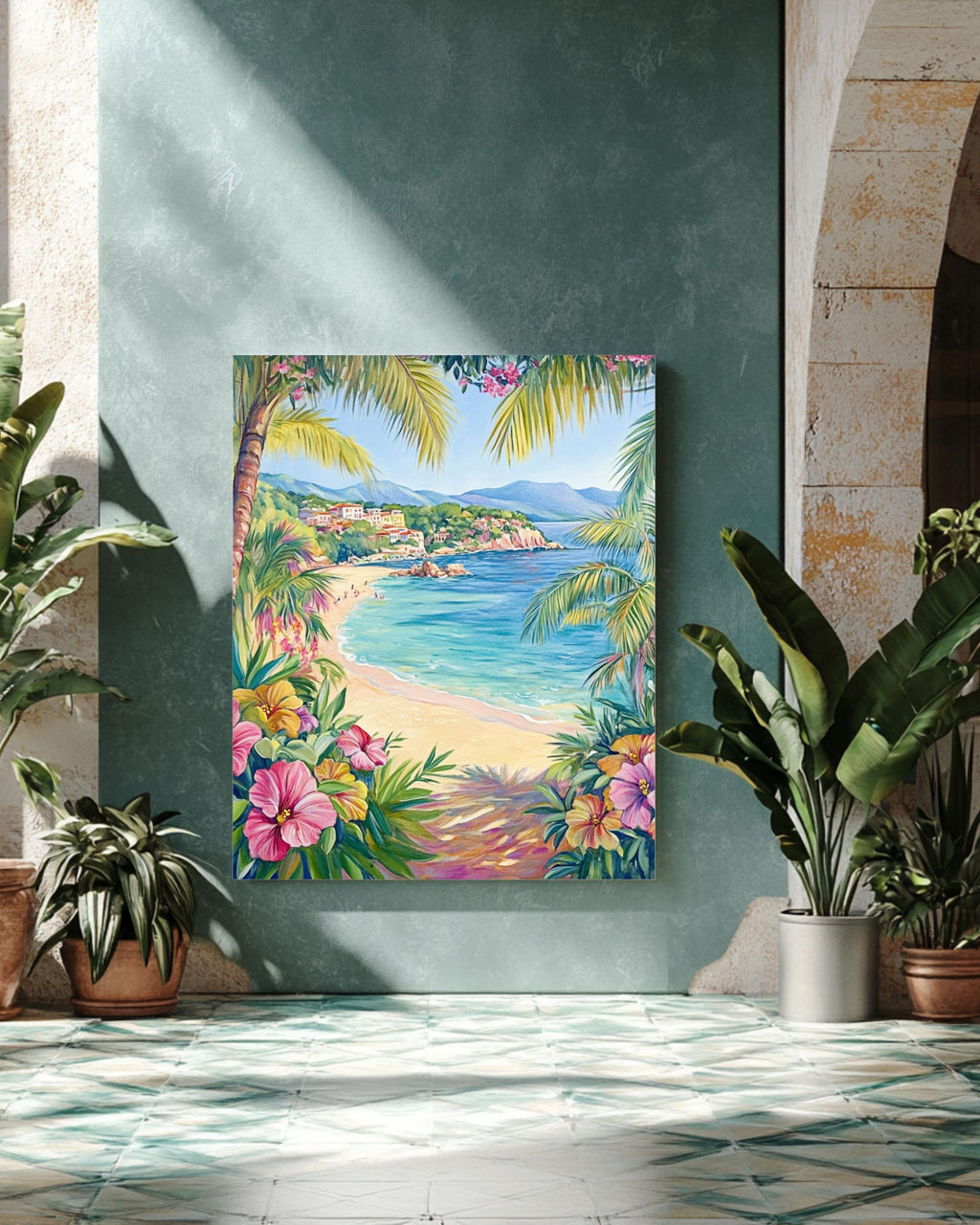 St. Tropez Beach Print: Tropical Hibiscus Flowers, Palm Trees, Crystal Waters Canvas Wall Art Print – Premium Home Decor