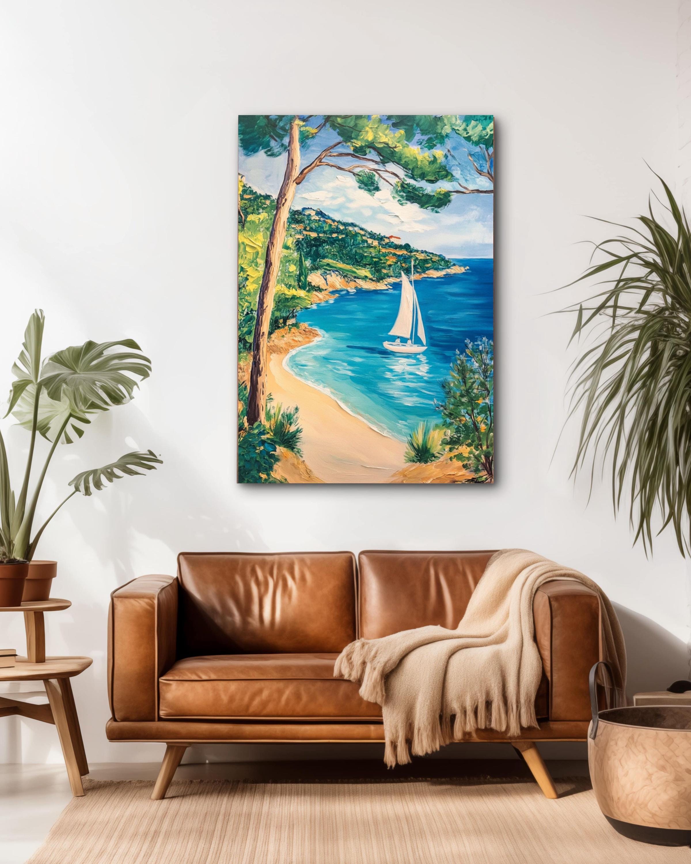 French Riviera Sailboat Print: Matisse Style Coastal Art, Turquoise Sea Canvas Wall Art – Modern Decor Print