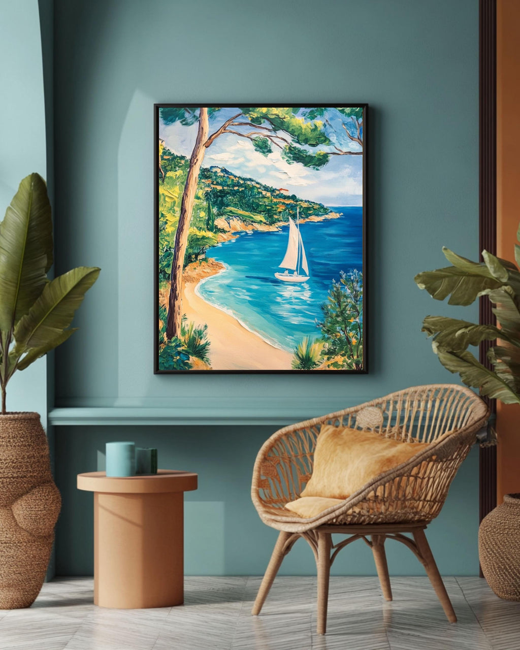 French Riviera Sailboat Print: Matisse Style Coastal Art, Turquoise Sea Canvas Wall Art – Modern Decor Print